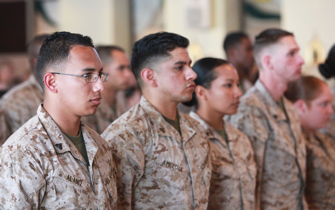 Marines with 1st Supply Battalion, Combat Logistics Regiment 15, 1st Marine Logistics Group, stand at attention during a capstone 
ceremony aboard Camp Pendleton, Calif., May 23, 2013. The Marines were recognized for their honorable service to the Marine Corps.