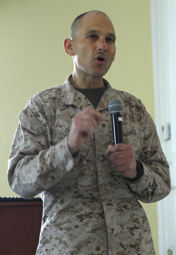 Brig. Gen. Thomas Gorry, the Marine Corps Installations East – Marine Corps Base Camp Lejeune commanding general, speaks to geusts at the Domestic Violence Summit recently. “It takes a multi-faceted approach to address domestic violence,” said Gorry. “Through forums like this we can pass knowledge. We can pass our skills and expertise so we can address this problem.”