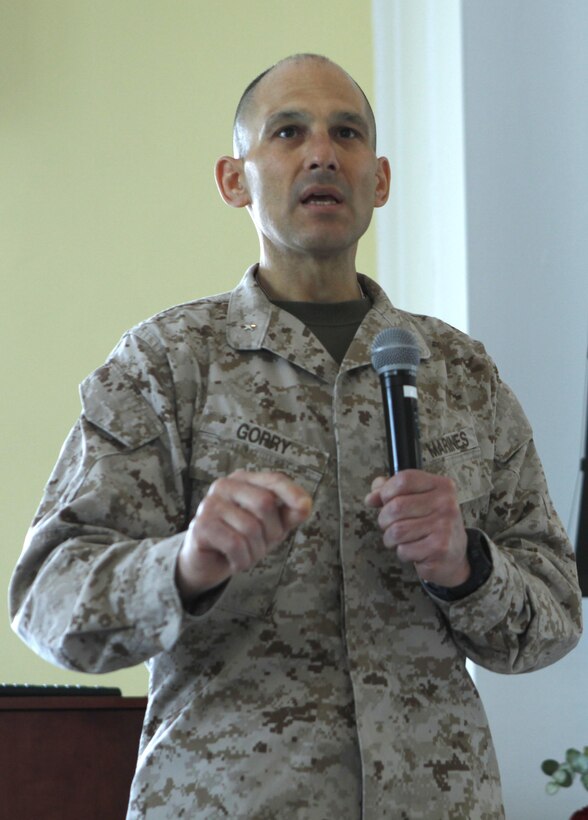 Brig. Gen. Thomas Gorry, the Marine Corps Installations East – Marine Corps Base Camp Lejeune commanding general, speaks to geusts at the Domestic Violence Summit recently. “It takes a multi-faceted approach to address domestic violence,” said Gorry. “Through forums like this we can pass knowledge. We can pass our skills and expertise so we can address this problem.”