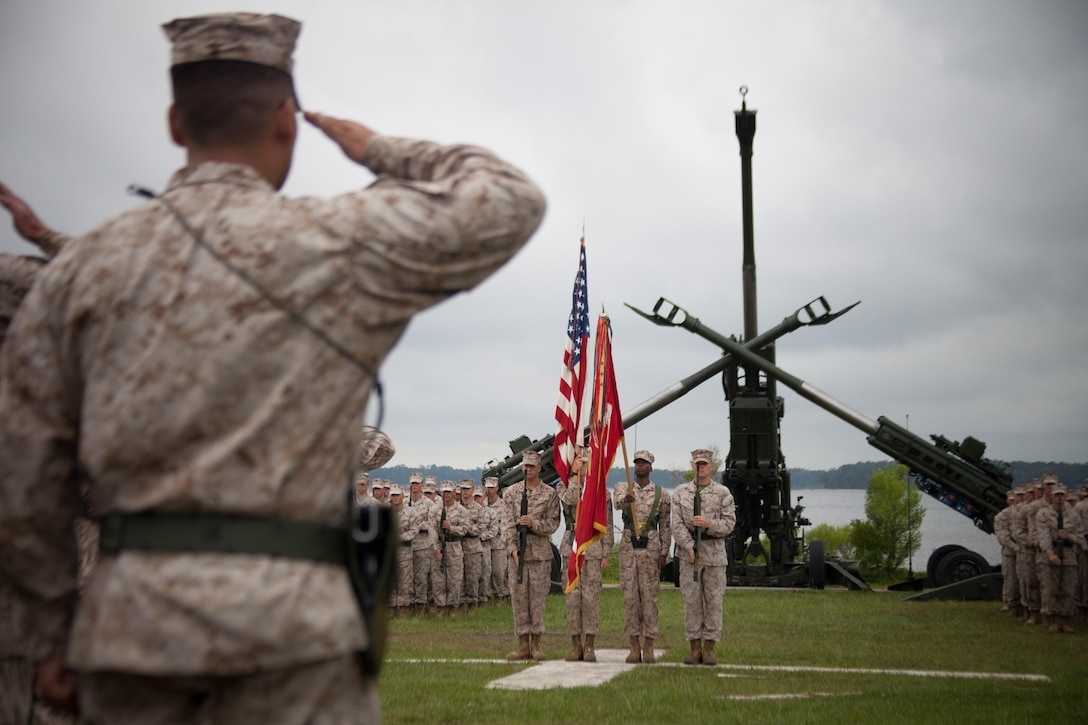 Marines with 1st Battalion, 10th Marine Regiment, salute during a change of command for the “Nightmare” Battalion June 19, 2013.  Lieutenant. Col. Stephen Pritchard replaced Lt. Col. Robert Hallett as the battalion commander for the artillery unit.