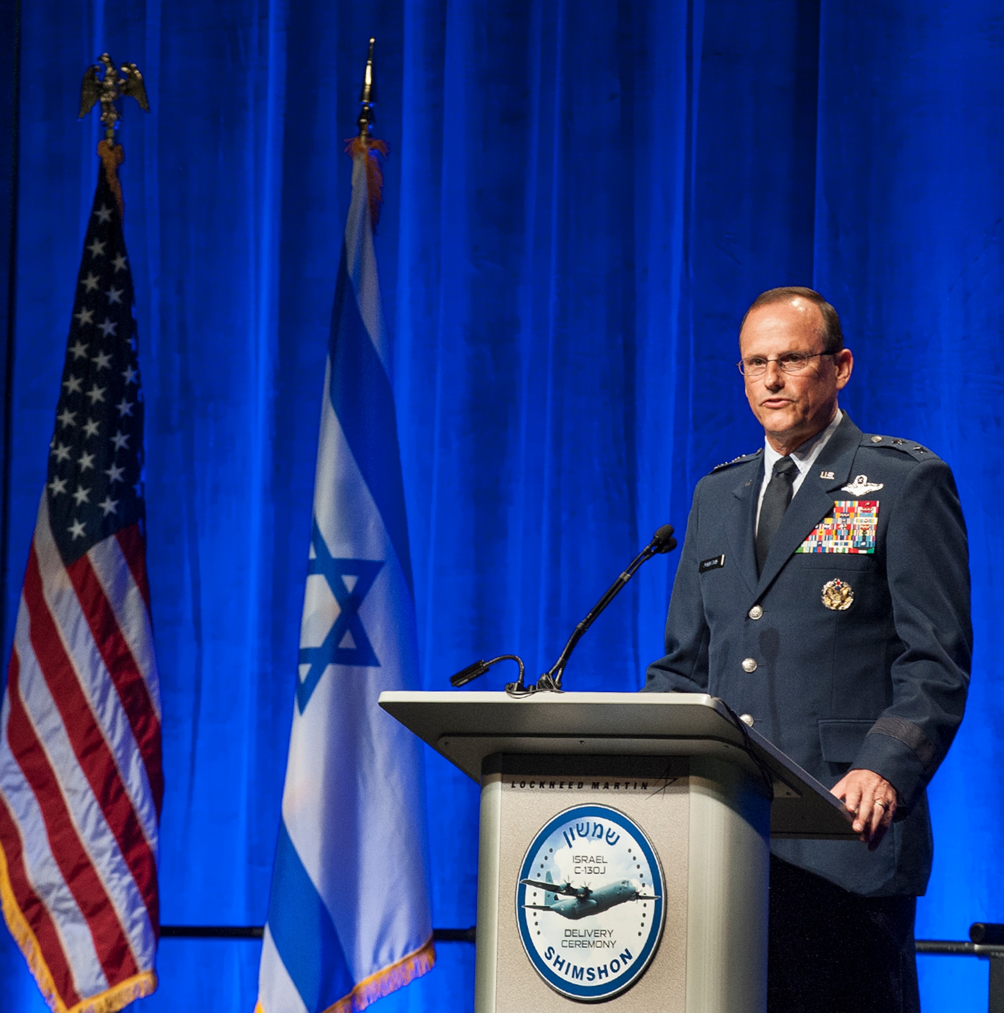 Maj. Gen. Richard Johnston, assistant deputy under Secretary of the Air Force, International Affairs, attends the delivery ceremony of the first C-130J Super Hercules aircraft to the State of Israel at the Lockheed Martin Aeronautics production facility, Marietta, Ga., June 26. This is the first of three C-130Js currently on order for the Israeli Air Force. (Photo/Lockheed martin)