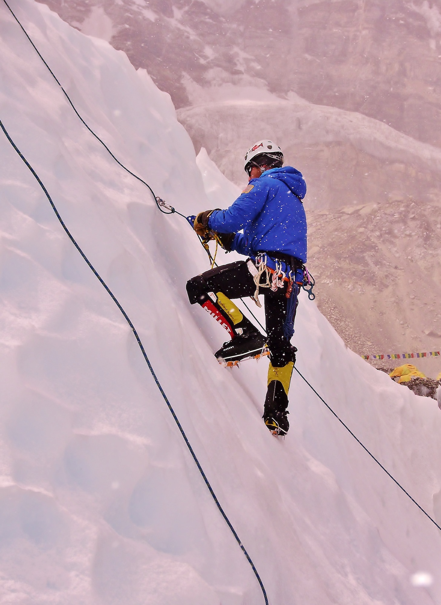 Capt. Marshall Klitzke scales the side of Mount Everest using skill, physical strength and risk management knowledge during the USAF 7 Summits Challege May 2013.