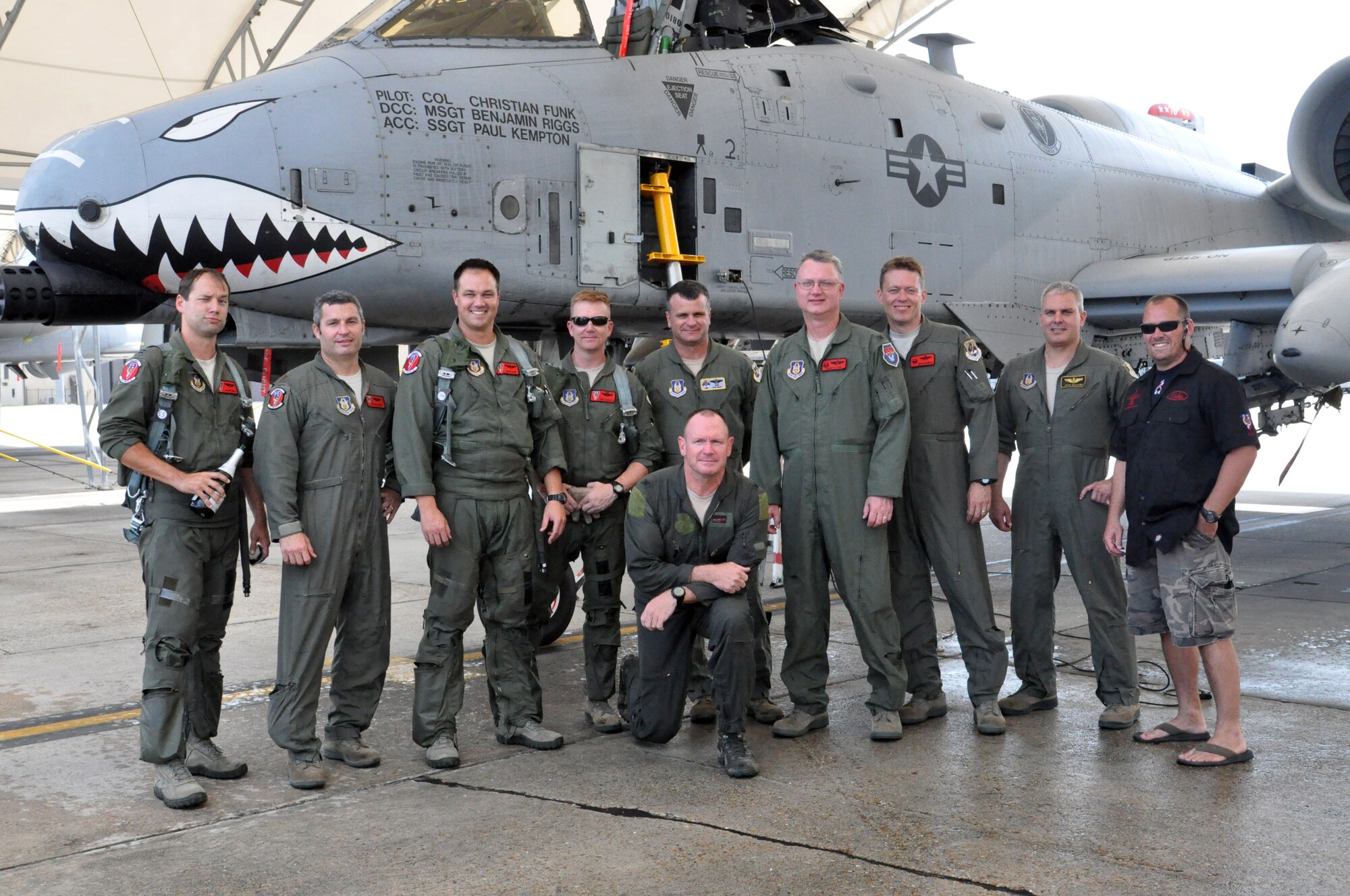 Col. Christian Funk, 476th Fighter Group commander, Moody Air Force Base, Ga., returns for his final flight with the group and is sprayed with a fire hose in line with Air Force tradition. The 476th FG is a geographically separated unit of the 442nd Fighter Wing, an A-10 Thunderbolt II Air Force Reserve unit at Whiteman Air Force Base, and a classic associate of the 23rd Wing, Moody AFB. (U.S. Air Force photo by Tech. Sgt. Danielle Johnston/Released)