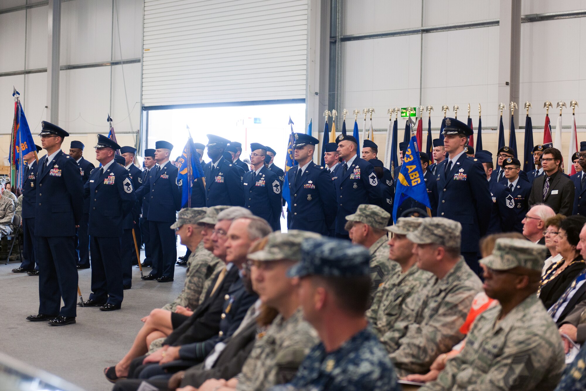 Members of the 423rd Air Base Group stand in formation during 423rd ABG change of command at RAF Molesworth June 21. (U.S. Air Force photo by Staff Sgt. Brian Stives)