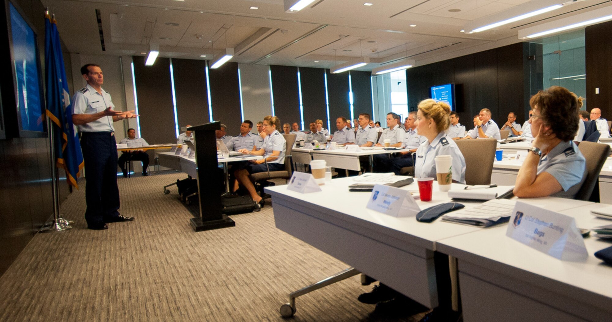 Lt. Gen. Stanley E. Clarke III, the director of the Air National Guard, discusses the ANG vision, priorities, and potential challenges ahead with attendees during the ANG Commander’s Development Course at Joint Base Andrews, Md., June 26, 2013. The ANG Commander’s Development Course is designed to provide leaders with tools and information to enhance their leadership skills, gathering experiences of seasoned commanders and leaders throughout the ANG to offer information and perspective for addressing a broad spectrum of challenges and opportunities. (U.S. Air National Guard photo by Master Sgt. Marvin R. Preston/RELEASED)