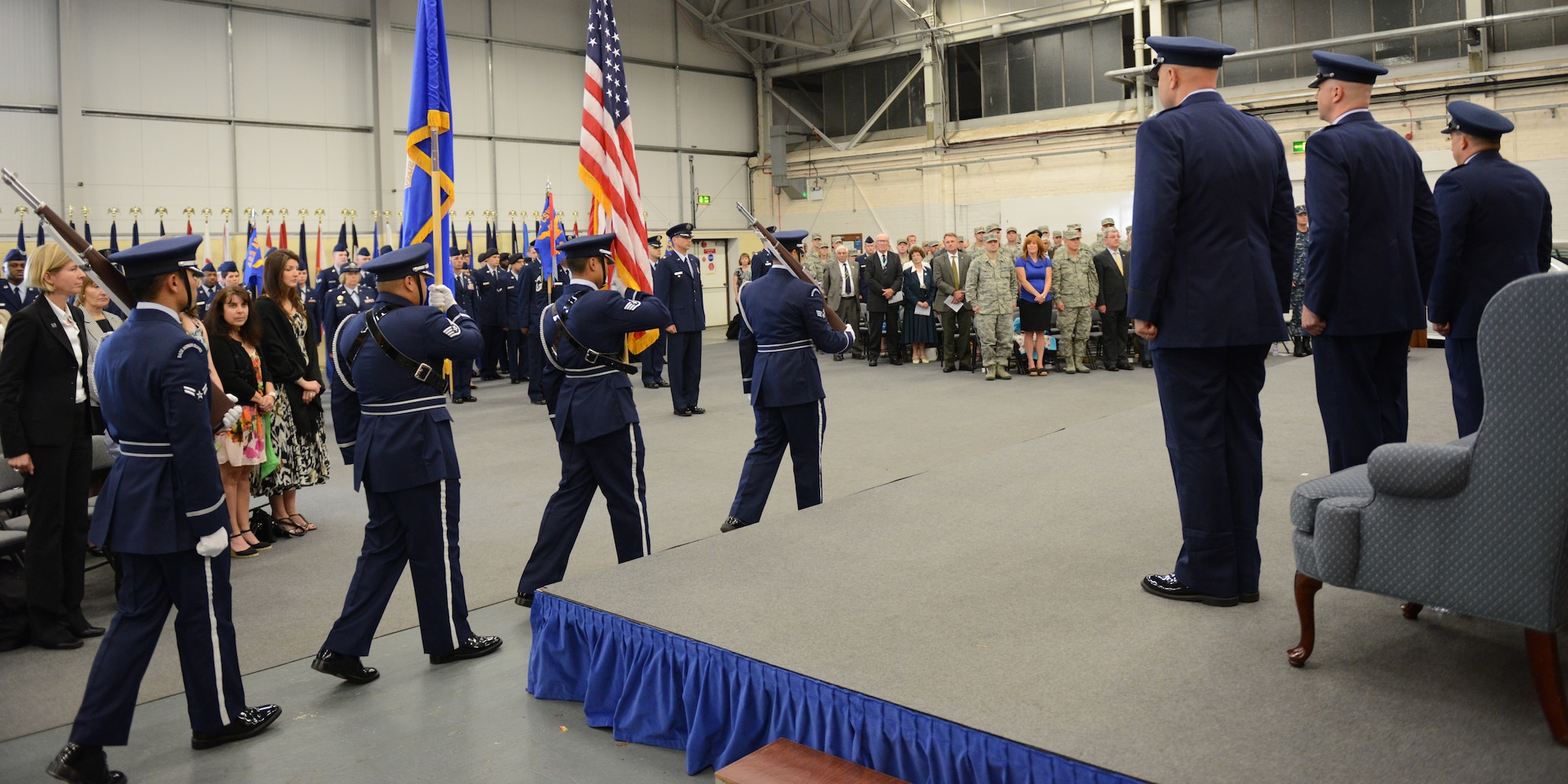 Members of the 423rd Air Base Group Honor Guard present the colors during the 423rd ABG change of command at RAF Molesworth June 21. (U.S. Air Force photo by Tech. Sgt. Chrissy Best)