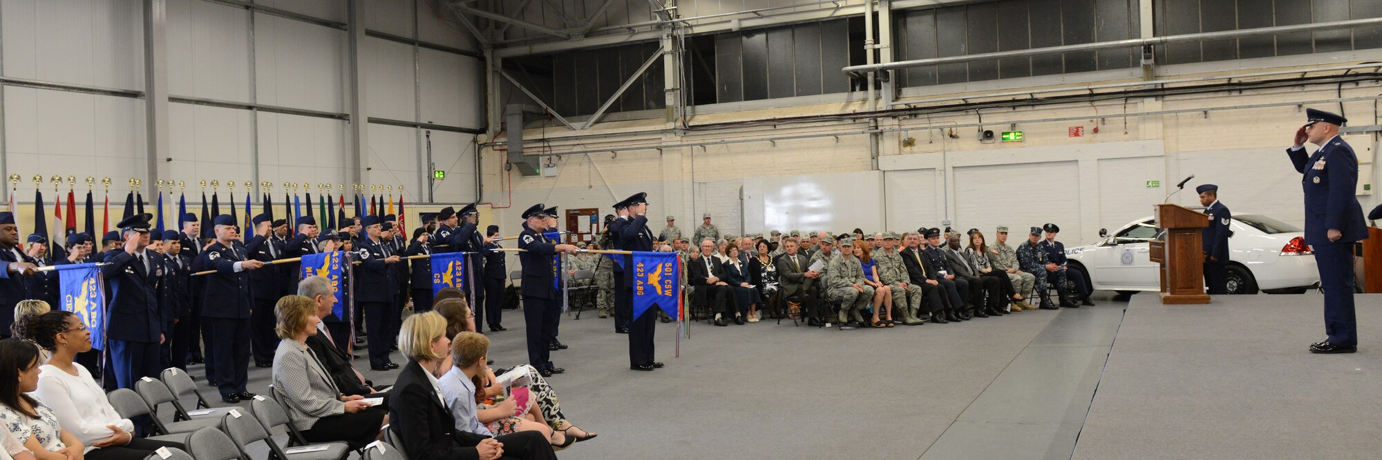 Members of the 423rd Air Base Group renders a salute to Col. Steve Sweeney after he assumes command of the 423rd ABG as part of the change of command ceremony at RAF Molesworth June 21. (U.S. Air Force photo by Tech. Sgt. Chrissy Best) 