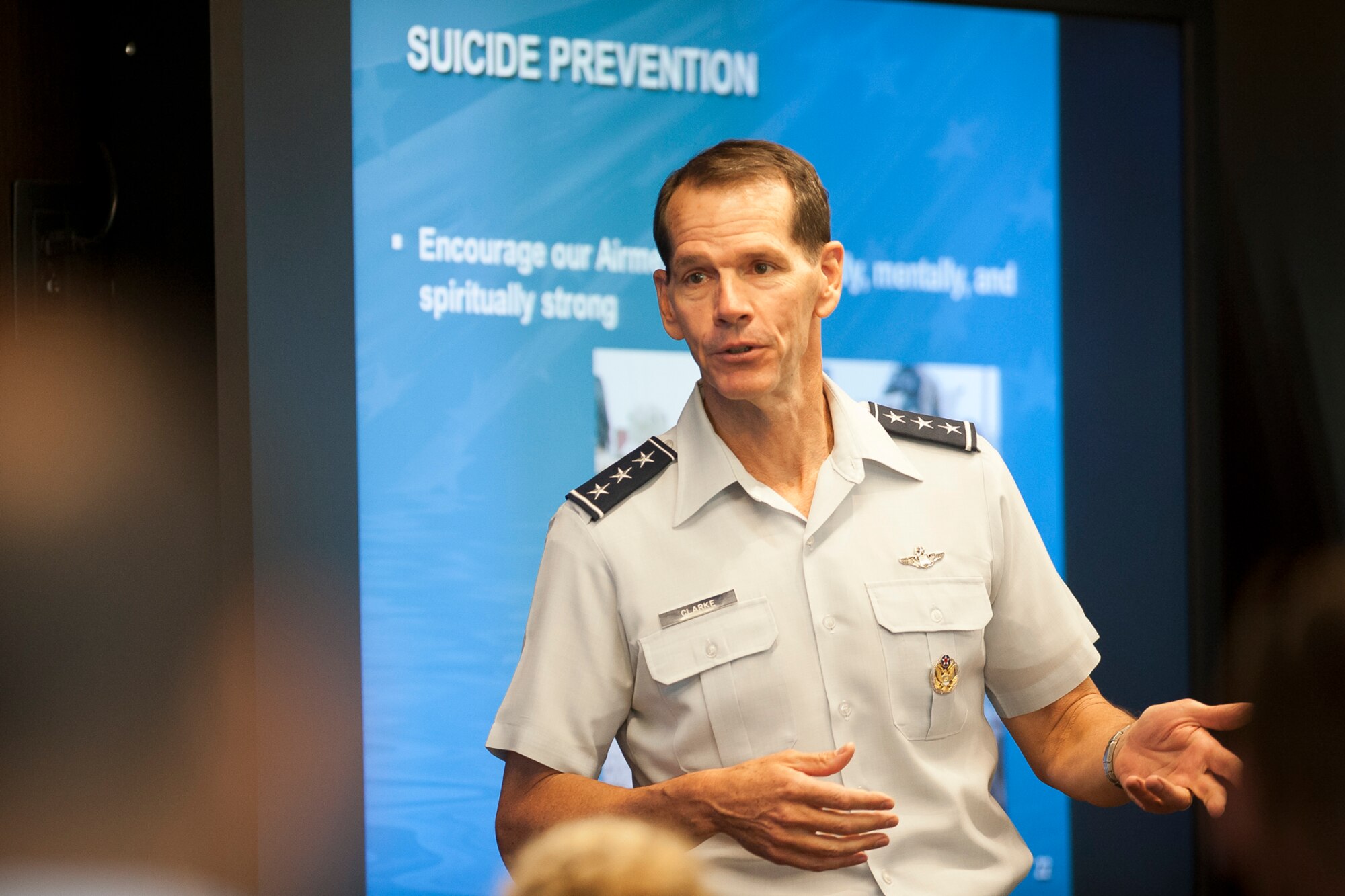 Lt. Gen. Stanley E. Clarke III, the director of the Air National Guard, discusses the ANG vision, priorities, and potential challenges ahead with attendees during the ANG Commander’s Development Course at Joint Base Andrews, Md., June 26, 2013. The ANG Commander’s Development Course is designed to provide leaders with tools and information to enhance their leadership skills, gathering experiences of seasoned commanders and leaders throughout the ANG to offer information and perspective for addressing a broad spectrum of challenges and opportunities. (U.S. Air National Guard photo by Master Sgt. Marvin R. Preston/RELEASED)