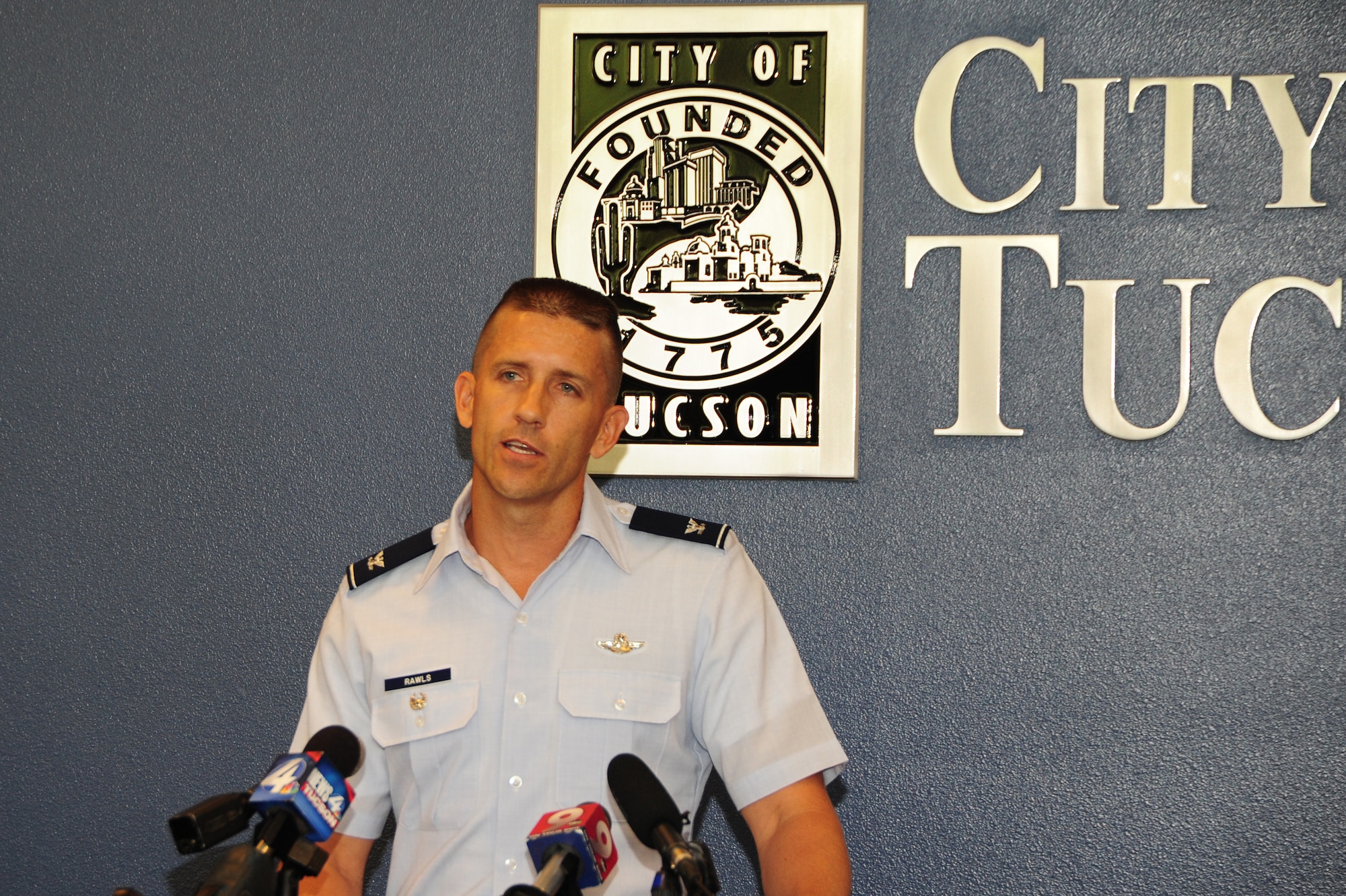 U.S. Air Force Col. Michael Rawls, 355th Fighter Wing vice commander, speaks at a press conference to end veterans homelessness at Tucson City Hall June 21, 2013. Theo goal is to end veteran homelessness by 2015. (U.S. Air Force photo by Senior Airman Camilla Griffin/ released)