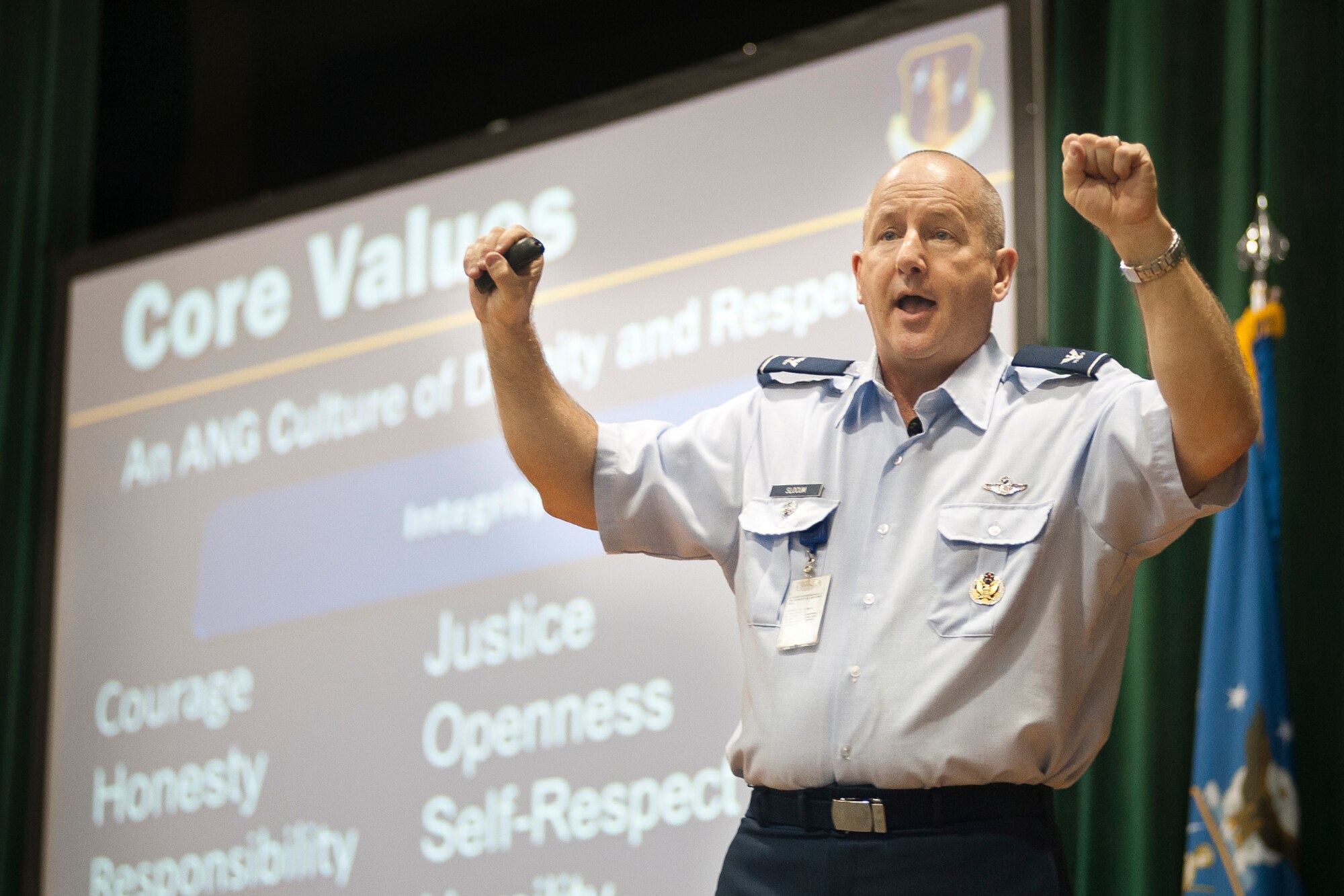 Col. Doug Slocum, the chief of Air National Guard Safety speaks to Airmen and other ANG personnel during a Sexual Assault Prevention and Response stand-down at Joint Base Andrews, Md., June 25, 2013. The purpose of the SAPR stand-down is to foster a climate of accountability while reinforcing the Department of Defense’s position that sexist behavior, sexual harassment, and sexual assault will not be tolerated, condoned or ignored. (U.S. Air National Guard photo by Master Sgt. Marvin R. Preston/RELEASED)