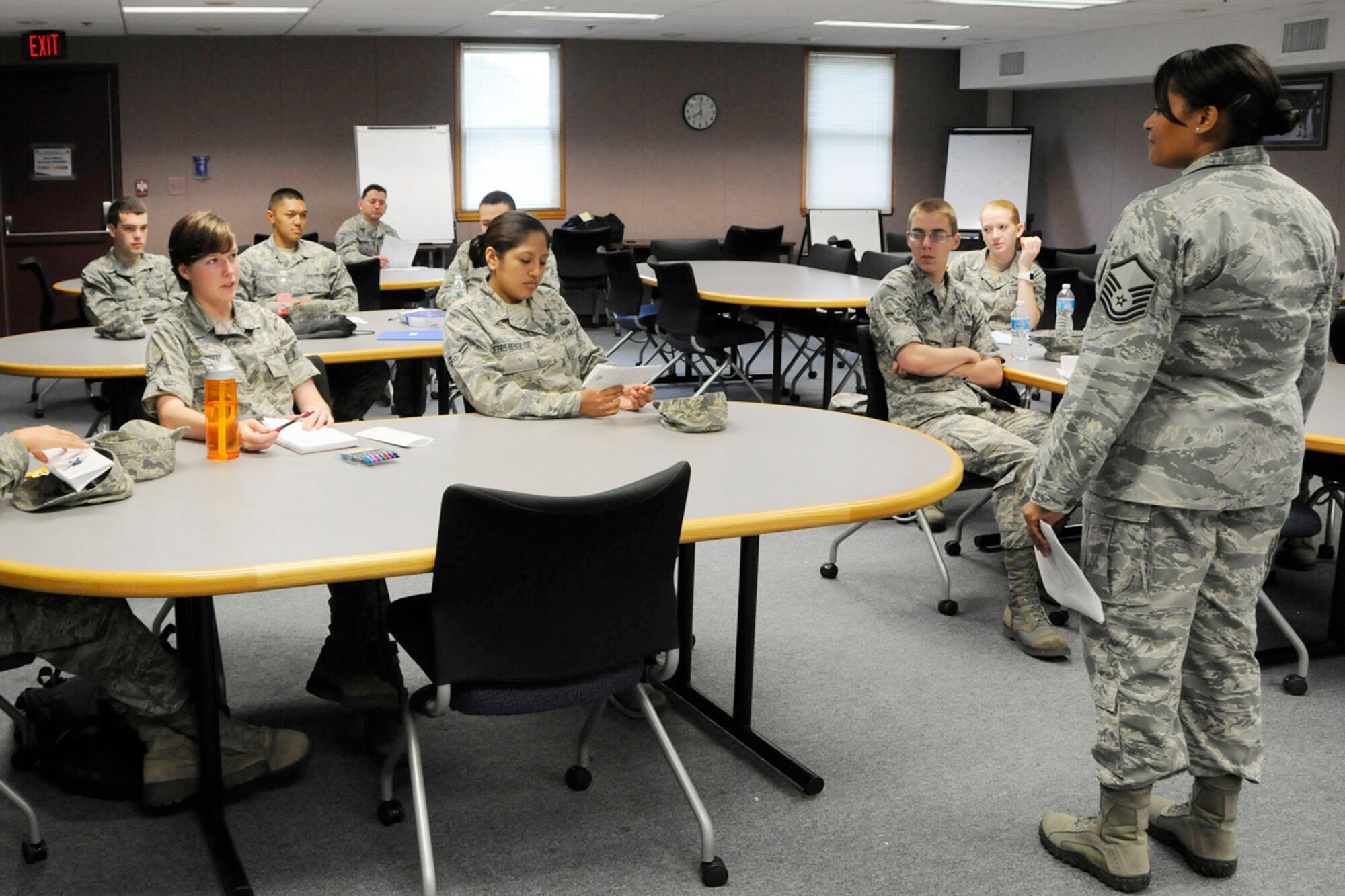 HANSCOM AIR FORCE BASE, Mass. – Master Sgt. Katrina Brown speaks to Airmen at the First Term Airmen Center course that took place from June 24 to 26 at the Education and Training Center. Among the many important presentations Airmen received, Brown spoke to them about Sexual Assault Prevention and Response Awareness. The course is designed to help transition the Air Force's first term Airmen from a training environment to the operational Air Force. (U.S. Air Force photo by Linda LaBonte Britt)  