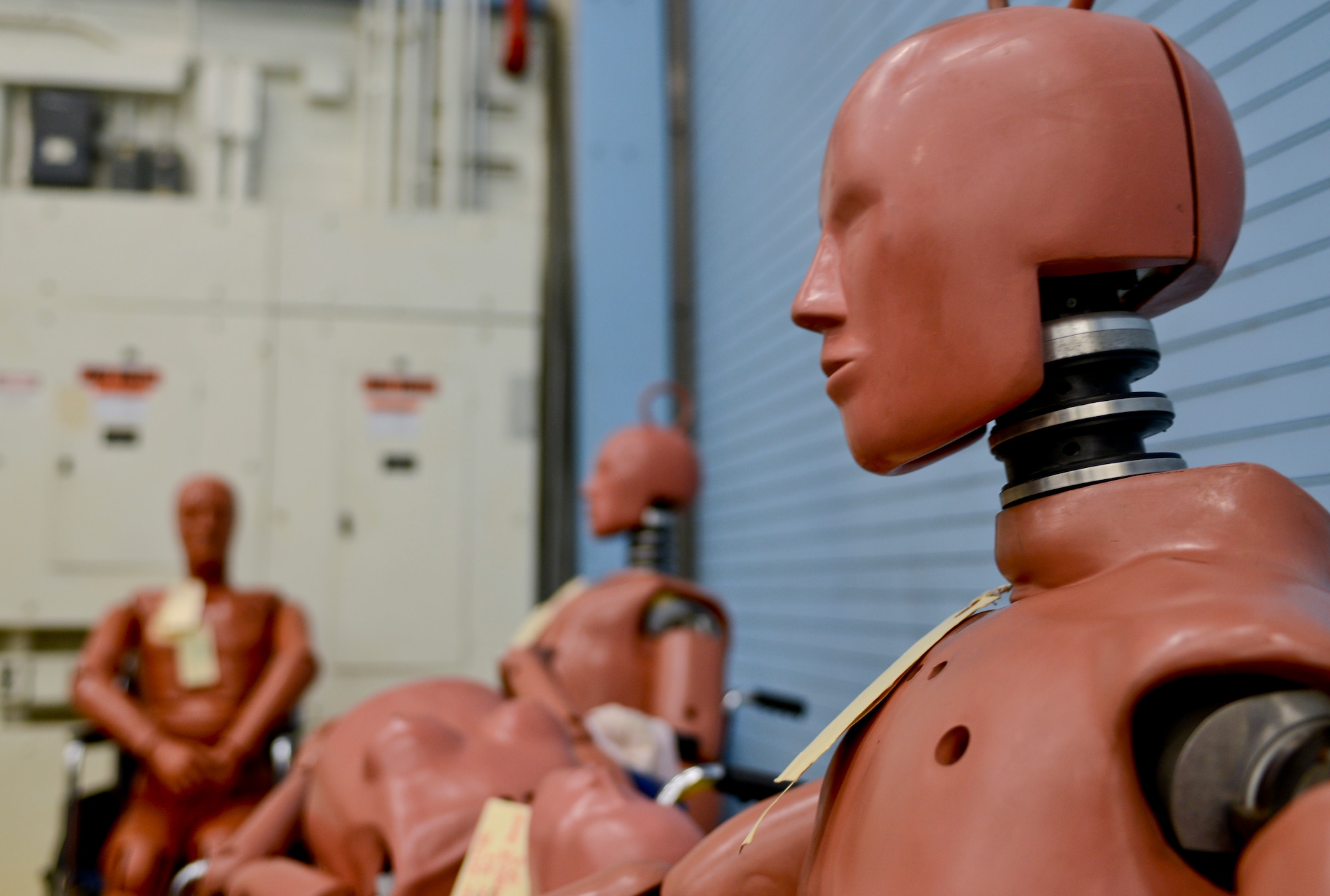 Test mannequins are used at the National Aeronautics and Space Administration Langley Research Center Landing and Impact Research Facility in Hampton, Va. The NASA research team uses state-of-the-art analysis to model crashes, determining structural integrity and identify the “crash pulse,” or the time it takes for the tested object to decelerate after impact. (U.S. Air Force photo by Airman 1st Class R. Alex Durbin/Released)
