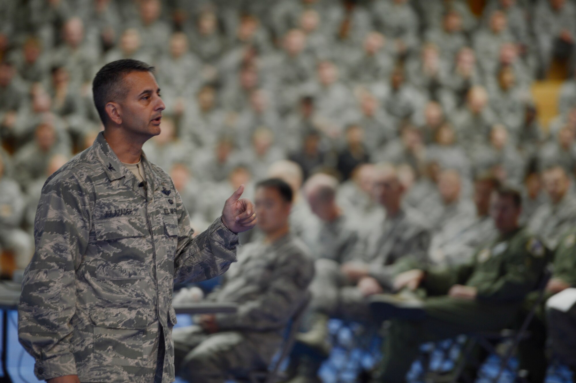 SPANGDAHLEM AIR BASE, Germany – U.S. Air Force Col. David Julazadeh, 52nd Fighter Wing commander, speaks to Airmen from Spangdahlem Air Base June 25, 2013, about the negative impact of sexual assault in the Air Force. The Sexual Assault Prevention and Response Stand Down Day was mandated by Air Force senior leaders as a day to discuss professional conduct and educate Airmen on how to prevent assaults. The day included wing-wide commander’s calls, smaller breakout sessions and briefings by experts in the legal office and Area Defense Counsel. (U.S. Air Force photo by Staff Sgt. Christopher Ruano/Released)