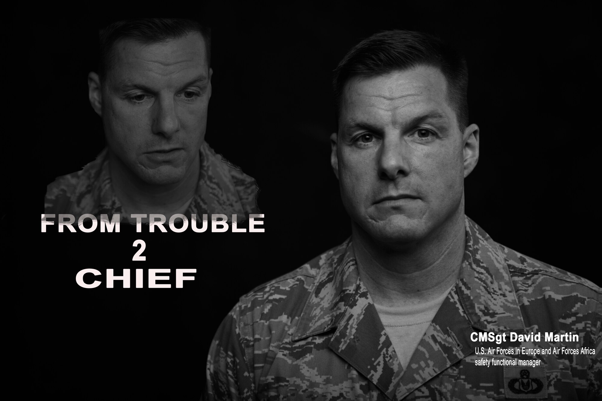 Chief Master Sgt. David Martin, U.S. Air Forces in Europe and Air Forces Africa safety functional manager, share his story during an interview. Martin joined the Air Force, leaving behind a tumultuous past. (U.S. Air Force illustration/Airman 1st Class Jordan Castelan)