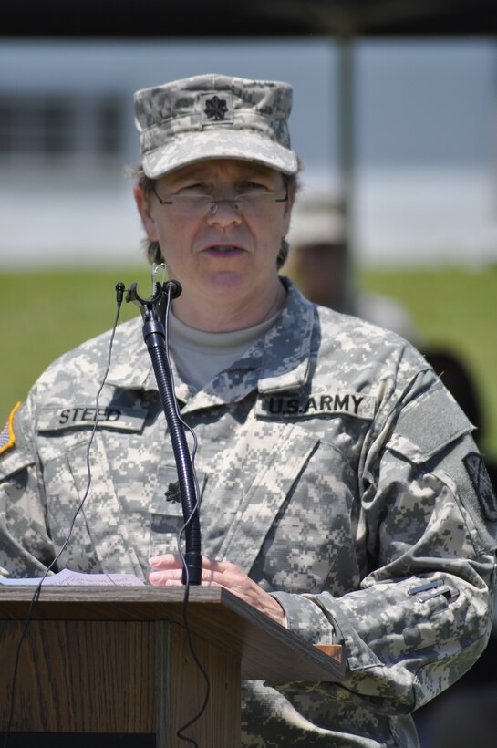 U.S. Army National Guard Lt. Col. J, Kaye Steed the incoming commander of the 168th Military Police Battalion talks to her troops during the change of command ceremony on June 14, 2013 in Lavinia, Tenn. 