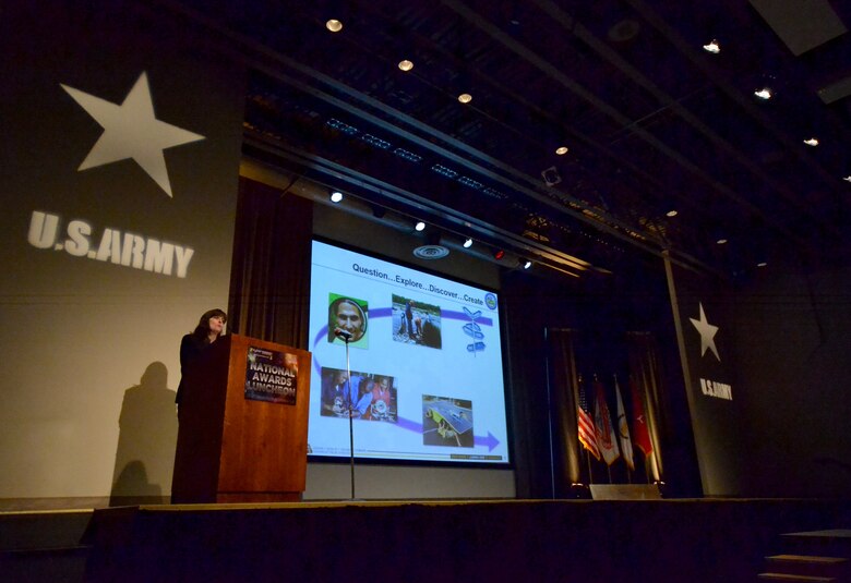 Mary Miller, deputy assistant secretary of the Army for research and technology, addressed the crowd at the 2013 eCYBERMISSION National Judging and Education Event in Leesburg, Va., on June 21, 2013.