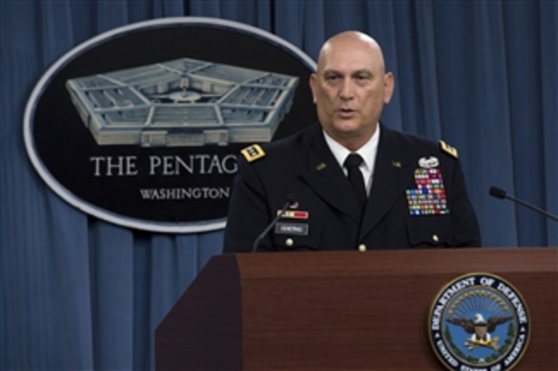 Chief of Staff of the Army General Ray Odierno announces that the Army will reduce its number of brigade combat teams from 45 to 33 during a press conference in the Pentagon in Arlington, Va., on June 25, 2013.  Odierno also told reporters the Army will shrink its active component end strength by 14 percent, or 80,000 soldiers, to 490,000, from a wartime high of 570,000.  