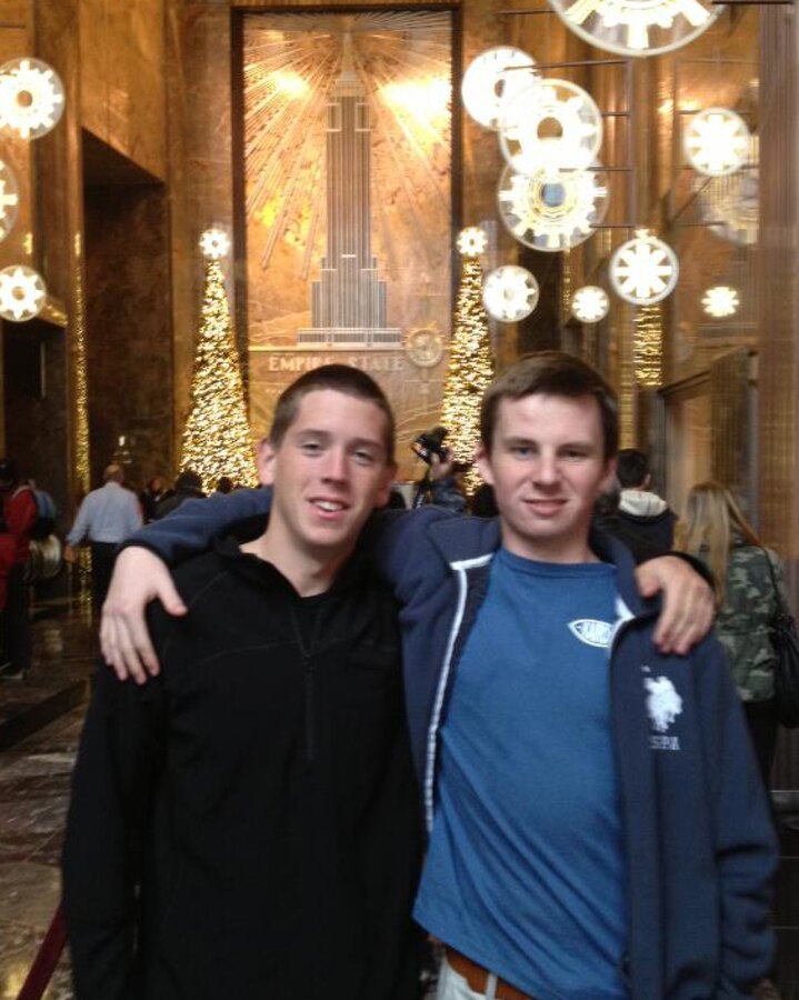 Private First Class Scott A. Blake, Jr., a 19-year-old graduate from Ardrey Kell High School, is photographed with his best friend Andrew C. Taylor, a 17-year-old rising senior at Charlotte Catholic High School, in New York City’s Times Square in late 2012. Blake made the decision to become a Marine, but he chose to put his future on hold to focus on his best friend of nine years, who was diagnosed with stage-three testicular cancer that had already spread to his abdomen and lungs. The photo was after Taylor’s cancer went into remission. (Courtesy Photo)