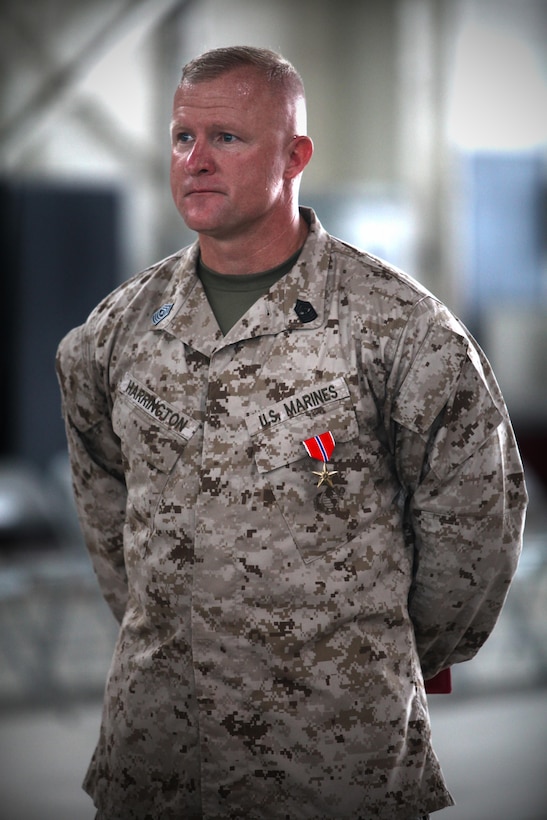 Sgt. Maj. Larry J. Harrington, the sergeant major of Marine Transport Squadron 1, received a Bronze Star Medal June 24 for actions during a deployment as the sergeant major of 1st Battalion, 6th Marine Regiment to Afghanistan in 2011 and 2012.

