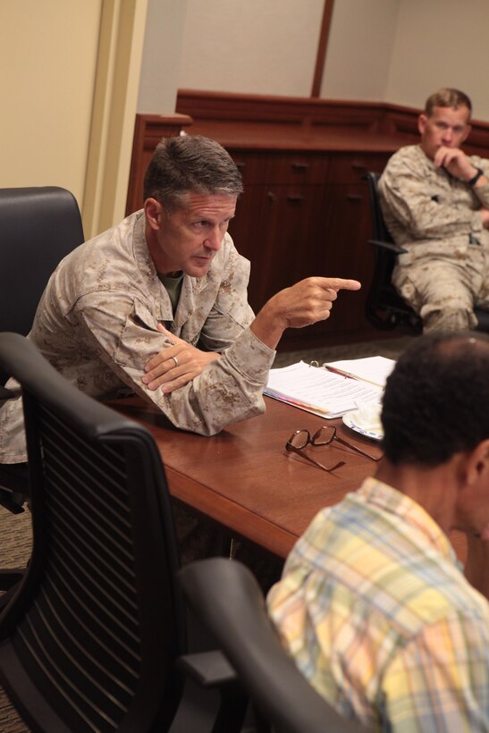 Col. Bradley E. Weisz, Marine Forces North chief of staff, provides guidance during a discussion of operations and techniques with a collection of representatives from major U.S. Marine Corps Commands based in the U.S. at the Marine Forces Reserve and Marine Forces North headquarters, in support of the first Marine Corps-led Defense Support Civil Authorities working group, June 20. DSCA is the Department of Defense's support, to include Federal military forces, for domestic emergencies, special events and missions to provide support during domestic activities as directed by the President of the United States or the Secretary of Defense.(Official Marine Corps photo by Cpl. Fenton Reese)