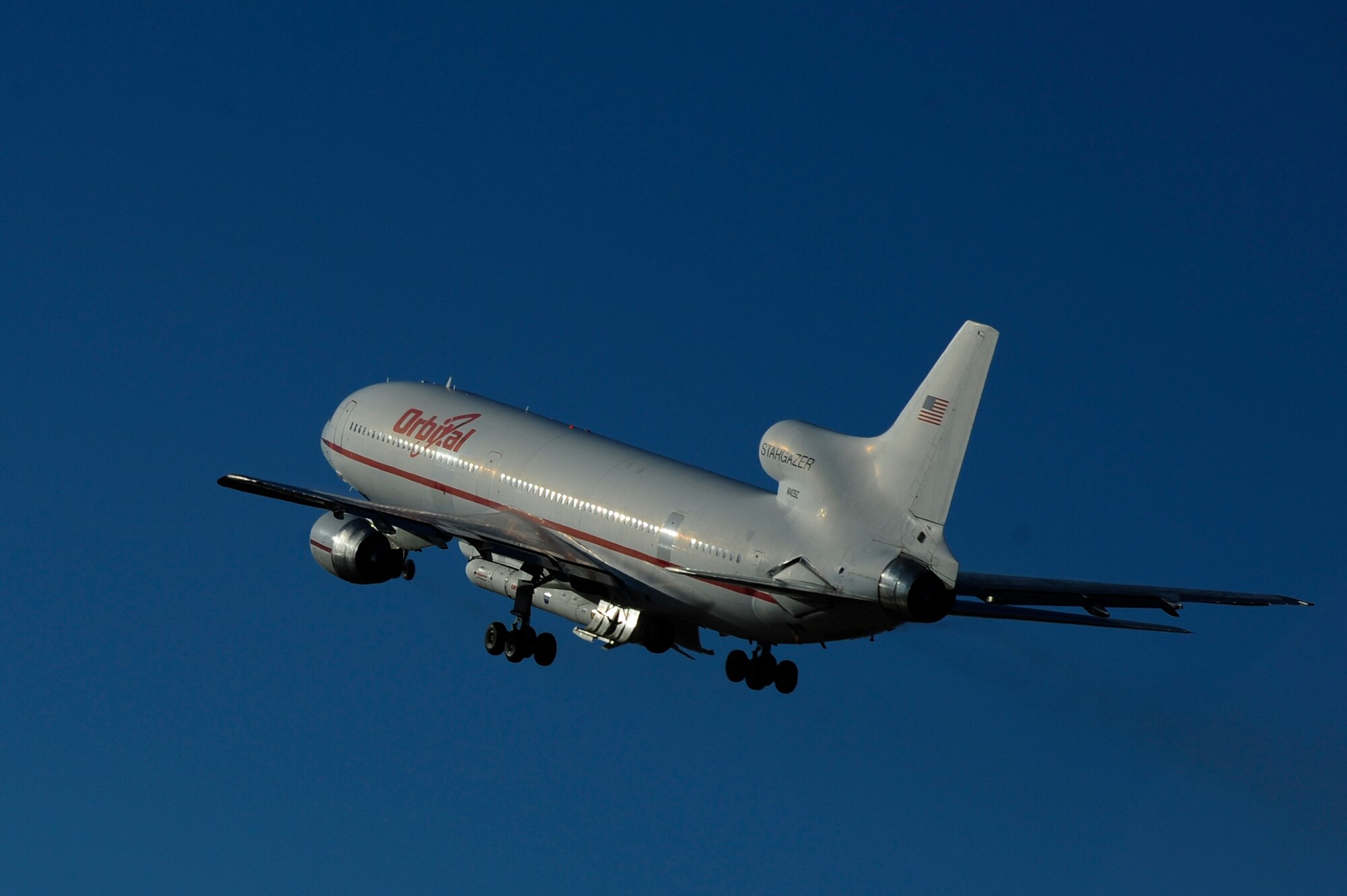 VANDENBERG AIR FORCE BASE, Calif. – A L-1011 “Stargazer” carrier aircraft carrying an Orbital Sciences Corporation Pegasus XL rocket flies off the base flightline here Thursday, June 27, 2013. The launch of a Pegasus XL rocket launched from the “Stargazer” carrier aircraft off the coast of Monterey Bay.  (U.S. Air Force photo/Senior Airman Lael Huss)
