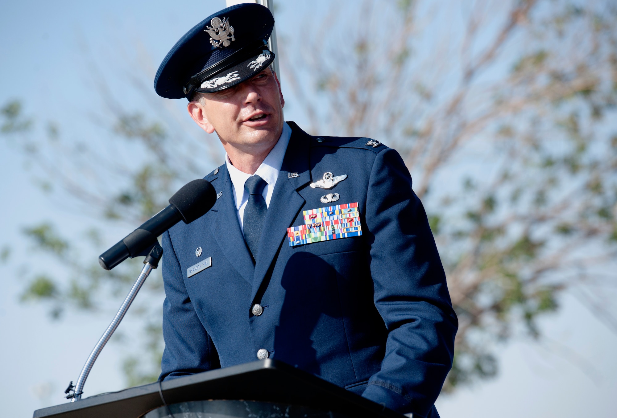 ALTUS AIR FORCE BASE, Okla. – Col. William A. Spangenthal, incoming 97th AMW commander, expresses his appreciation to his family, the community and 97th AMW personnel during the 97th AMW change of command ceremony at Wings of Freedom Park, June 27. Col. Spangenthal assumed command of Altus AFB from Col. Anthony B. Krawietz, 97th Air Mobility Wing commander. (U.S. Air Force photo by Senior Airman Jesse Lopez / Released)