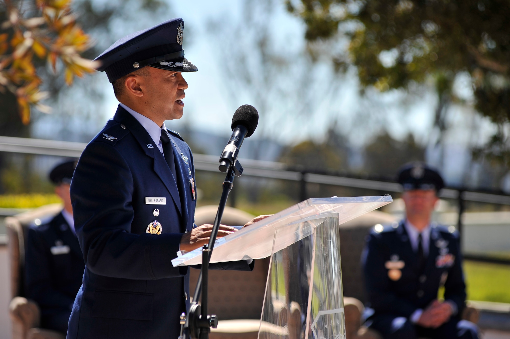 VANDENBERG AIR FORCE BASE, Calif. --  Col. Marcelino Del Rosario, incoming 30th Operations Group commander, addresses the guests and 30 OG members after assuming command during a change of command here Tuesday, June 25. Del Rosario previously was the Chief, Assessments and Analyses, Cooperative Threat Reduction Department, Defense Threat Reduction Agency, in Fort Belvoir, Virginia. (U.S. Air Force photo/Michael Peterson)