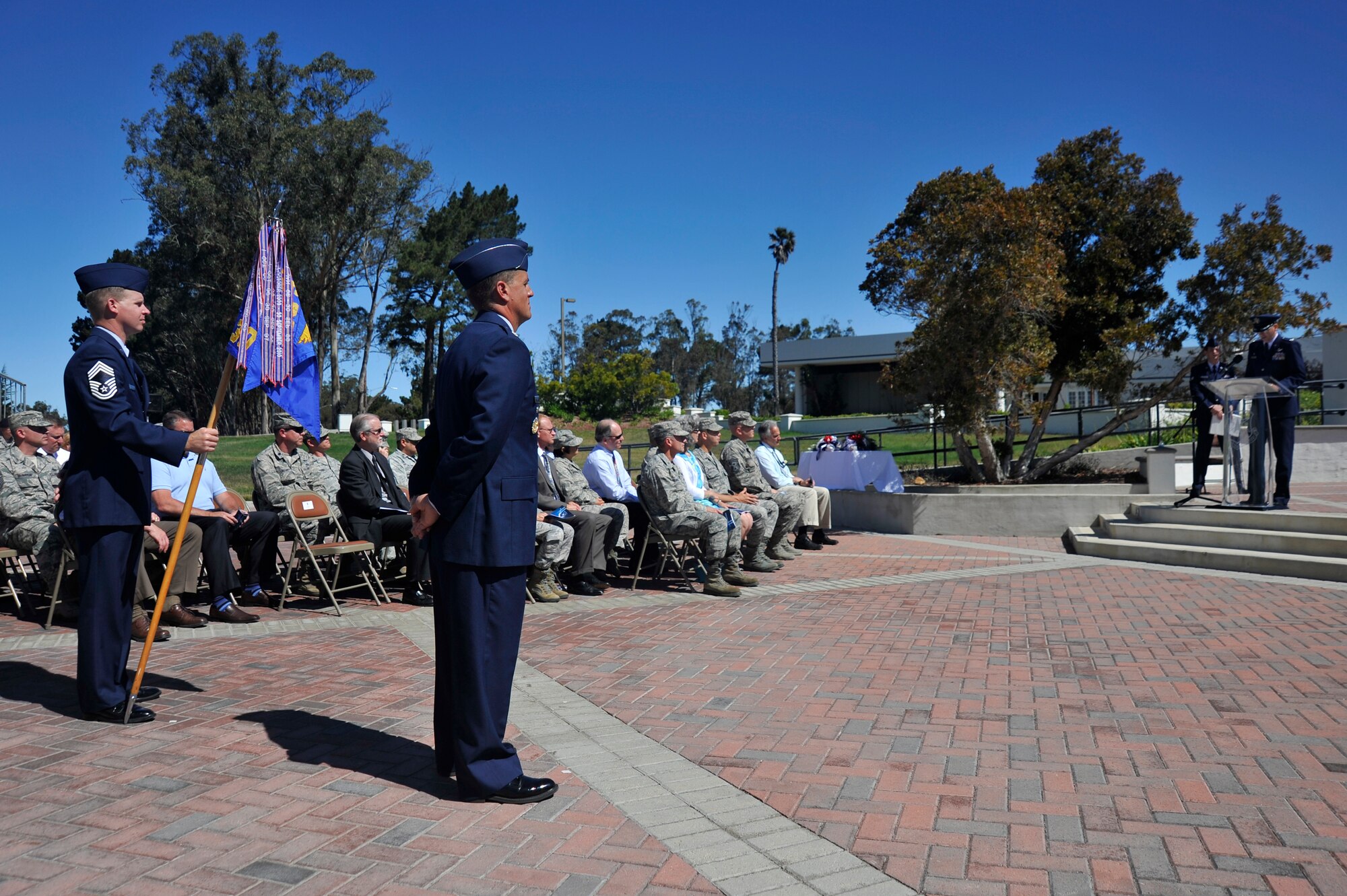 VANDENBERG AIR FORCE BASE, Calif. -- Col. Keith Balts, 30th Space Wing commander, addresses 30th Operations Group members and guests during the 30 OG change of command ceremony here Tuesday, June 25. The 30 OG commands and controls the Western Range and directs range resources in support of space launches, missile test launches and aeronautical and space surveillance operations. (U.S. Air Force photo/Michael Peterson)