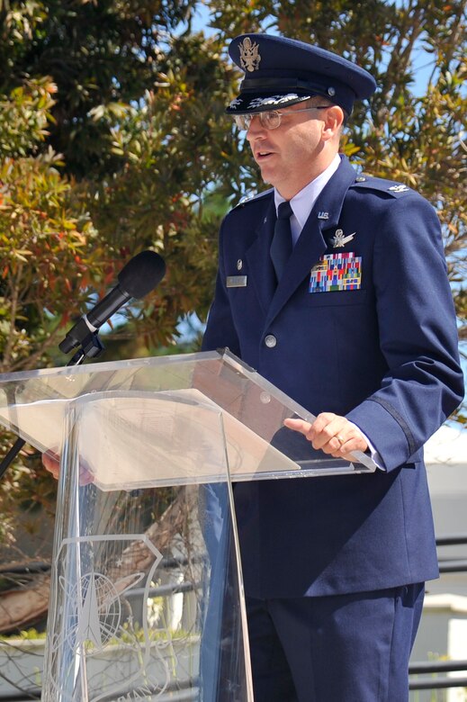 VANDENBERG AIR FORCE BASE, Calif. -- Col. Keith Balts, 30th Space Wing commander, addresses 30th Operations Group members and guests during the 30 OG change of command ceremony here Tuesday, June 25. The 30 OG commands and controls the Western Range and directs range resources in support of space launches, missile test launches and aeronautical and space surveillance operations. (U.S. Air Force photo/Michael Peterson)