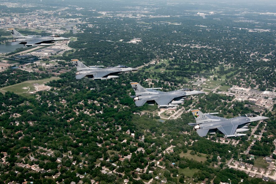 On Thursday, June 20, 2013 F-16 Fighting Falcon aircraft from the 132nd Fighter Wing (132FW), Des Moines, Iowa are seen flying in the skies over Iowa.  The 132FW is currently taking on a new mission to operate MQ-9 Reaper aircraft.  (U.S. Air National Guard photo by Staff Sgt. Linda K. Burger/Released)