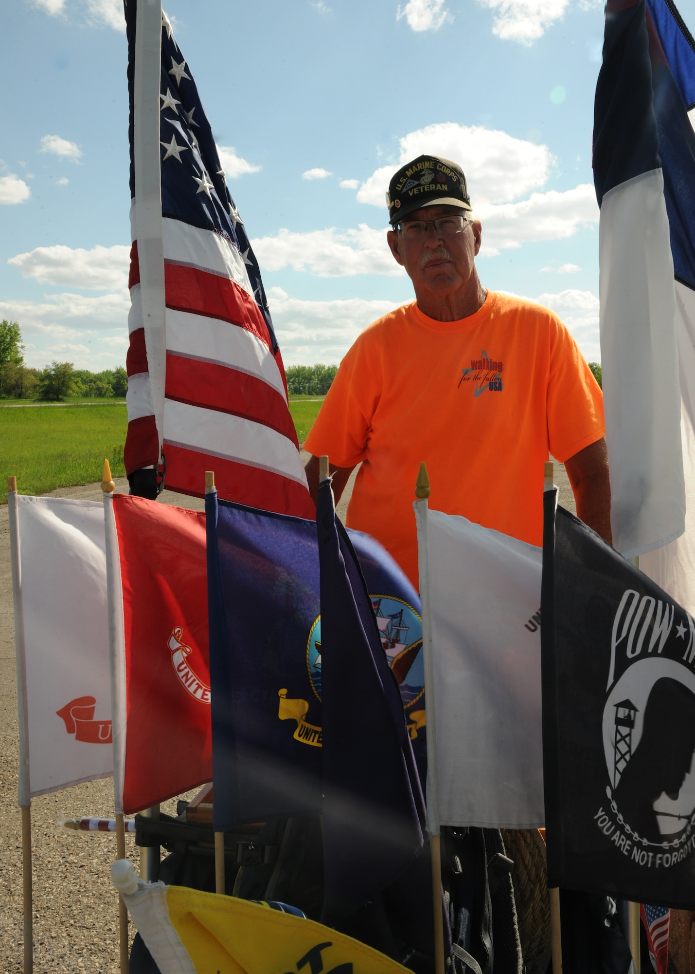On his way to the Vietnam Veterans Memorial wall in Washington, D.C., military veteran Sgt. Chuck Lewis travels near Grand Forks Air Force Base, N.D. on June 13, 2013. Lewis began a 3,300-mile journey across the United States on March 31, 2013, to raise money for wounded and disabled veterans.  (U.S. Air Force photo/Airman 1st Class Ashley Nicole Taylor)