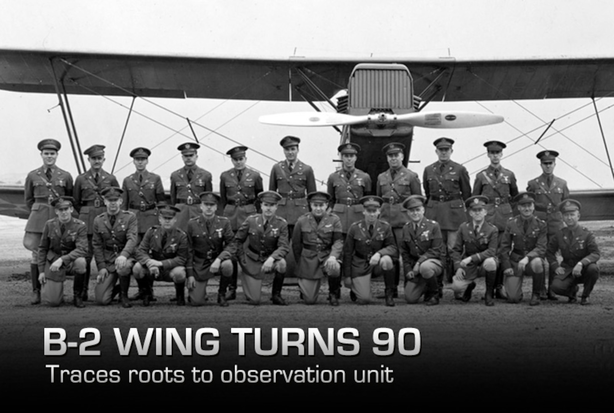 Pilots of the 110th Observation Squadron, Missouri National Guard, pose in front of a Douglas O-2H observation aircraft, circa 1929.  (131st Bomb Wing file photo/RELEASED)