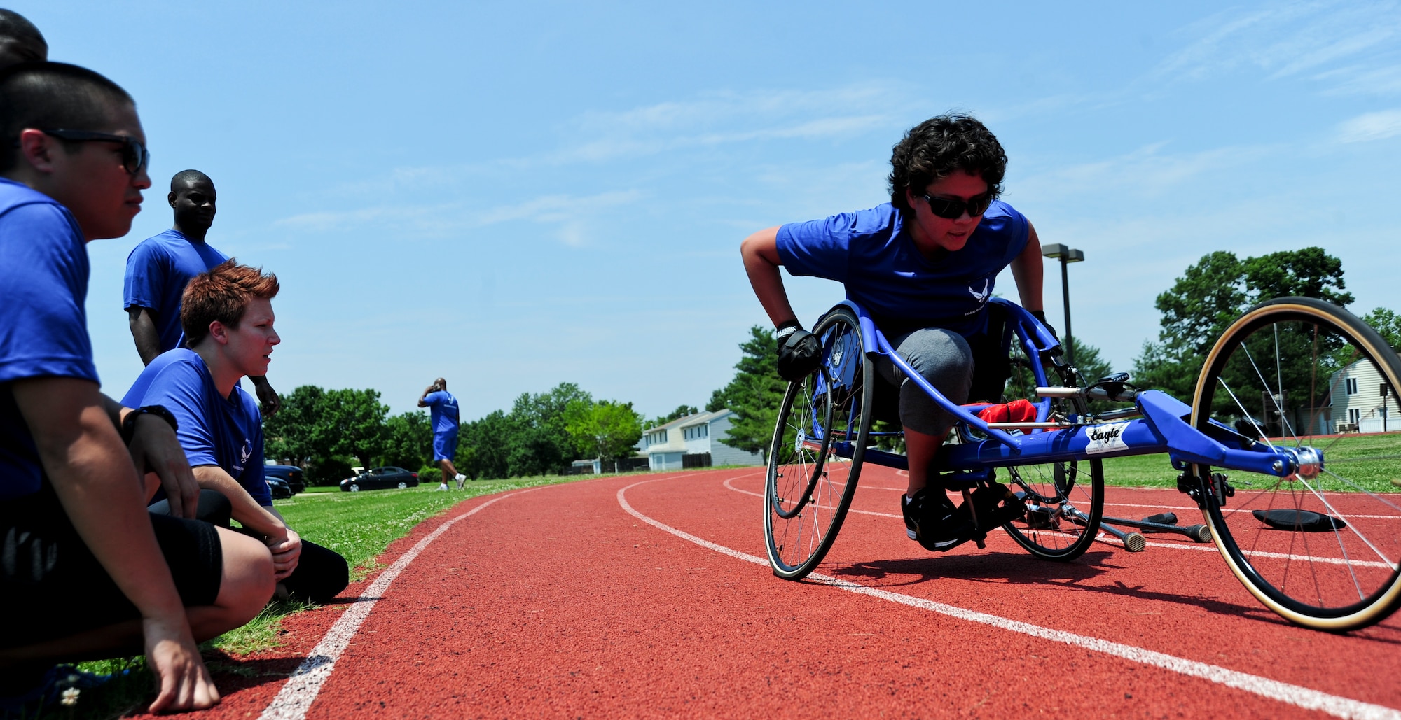 U.S. Air Force Wounded Warriors participate in the Track and Field Experience during the Air Force Warrior Adaptive Sports Camp at Joint Base Andrews, Md., June 26, 2013. The camp was intended to introduce the warriors to adaptive sports during their early stages of recovery. Thirty eight warriors participated in activities including swimming, seated volleyball, wheelchair basketball, golf, archery and track and field. (U.S. Air Force photo/Airman 1st Class Erin O’Shea)
 
