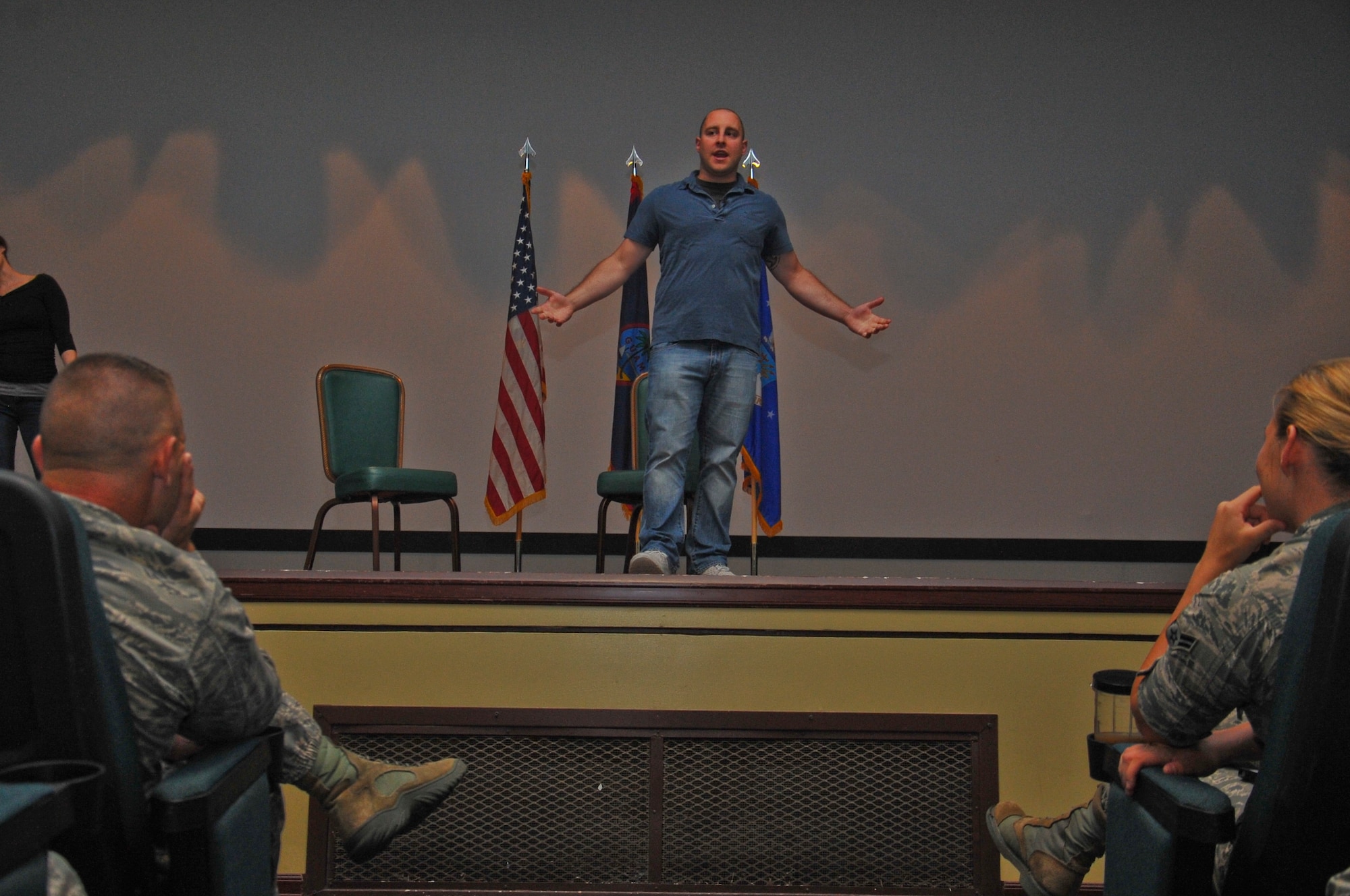 George Zerante, Sex signals presenter, talks to Team Andersen about the importance of watching out for their wingmen on Andersen Air Force Base, Guam, June 27, 2013. The Sex Signals program is a sexual assault prevention initiative that provides performances of different scenarios to college and military audiences. (U.S. Air Force photo by Airman 1st Class Adarius Petty/Released)