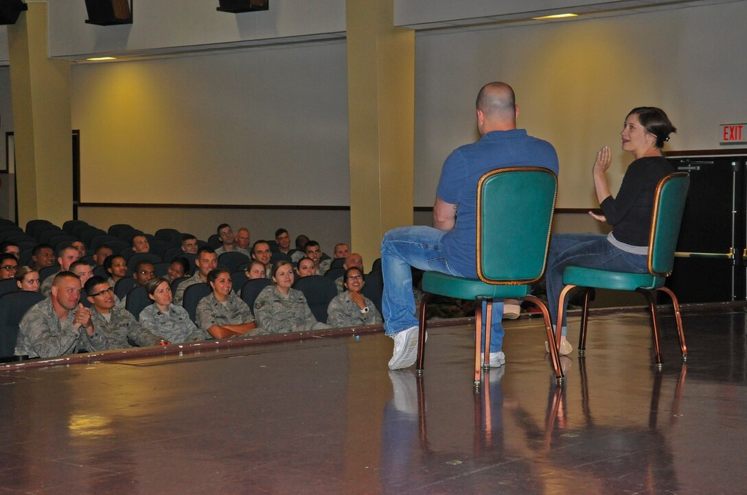 George Zerante and Annie Rix, members of the Sex Signals program, speak with Team Andersen about sexual assault awareness on Andersen Air Force Base, Guam, June 27, 2013. Zerante and Rix are two of 20 presenters for the Sex Signals program that tours military bases around the world bringing awareness to sexual assault. (U.S. Air Force photo by Airman 1st Class Adarius Petty/Released)