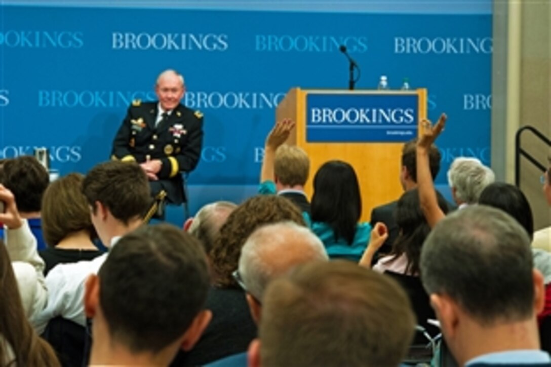 Army Gen. Martin E. Dempsey, chairman of the Joint Chiefs of Staff, takes questions from the audience during a discussion on the military's role in cyberspace and the threat that cyberattacks pose at the Brookings Institution in Washington, D.C., June 27, 2013. 