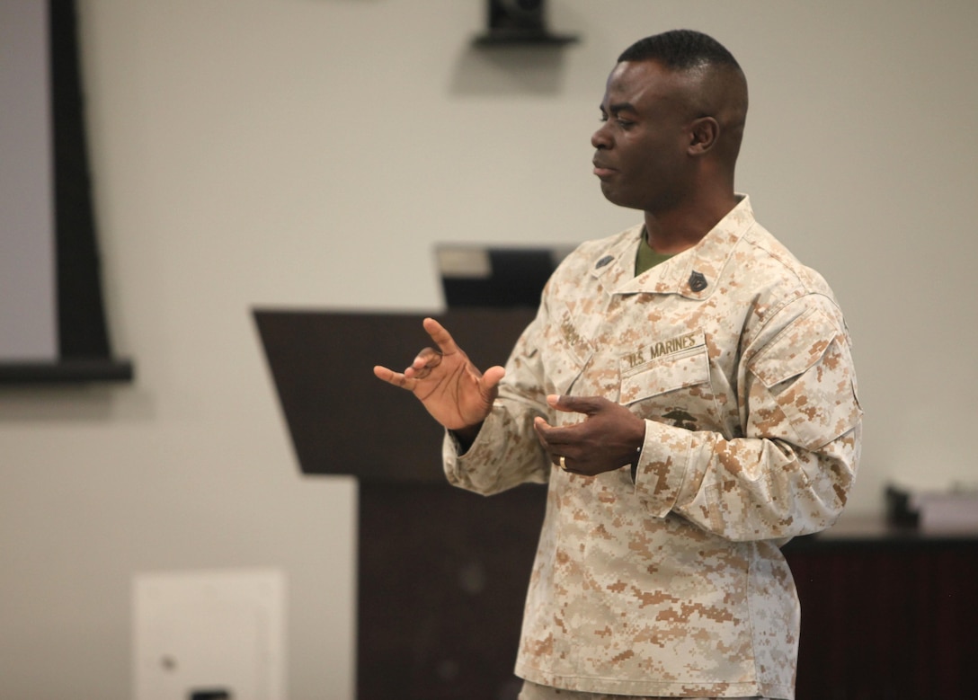 Gunnery Sgt. Cassius B. Cardio, equal opportunity advisor, 1st Marine Logistics Group, teaches the Equal Opportunity Representative Course aboard Camp Pendleton, Calif., June 24, 2013. The weeklong course qualifies service members as equal opportunity 
representatives to manage their commander’s EO program.