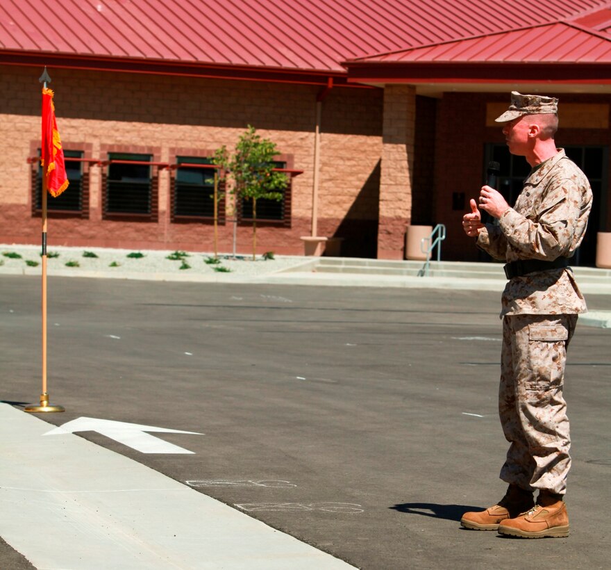 Lt. Col. Brian E. Russell, incoming commanding officer of 1st Air Naval Gunfire Liaison Company (ANGLICO), delivers his speech during a change of command ceremony at Camp Pendleton, Calif., June 27. Russell relieved Lt. Col. Brian T. Bruggeman as the commanding officer of 1st ANGLICO and received the unit's guidon to commence his duties.