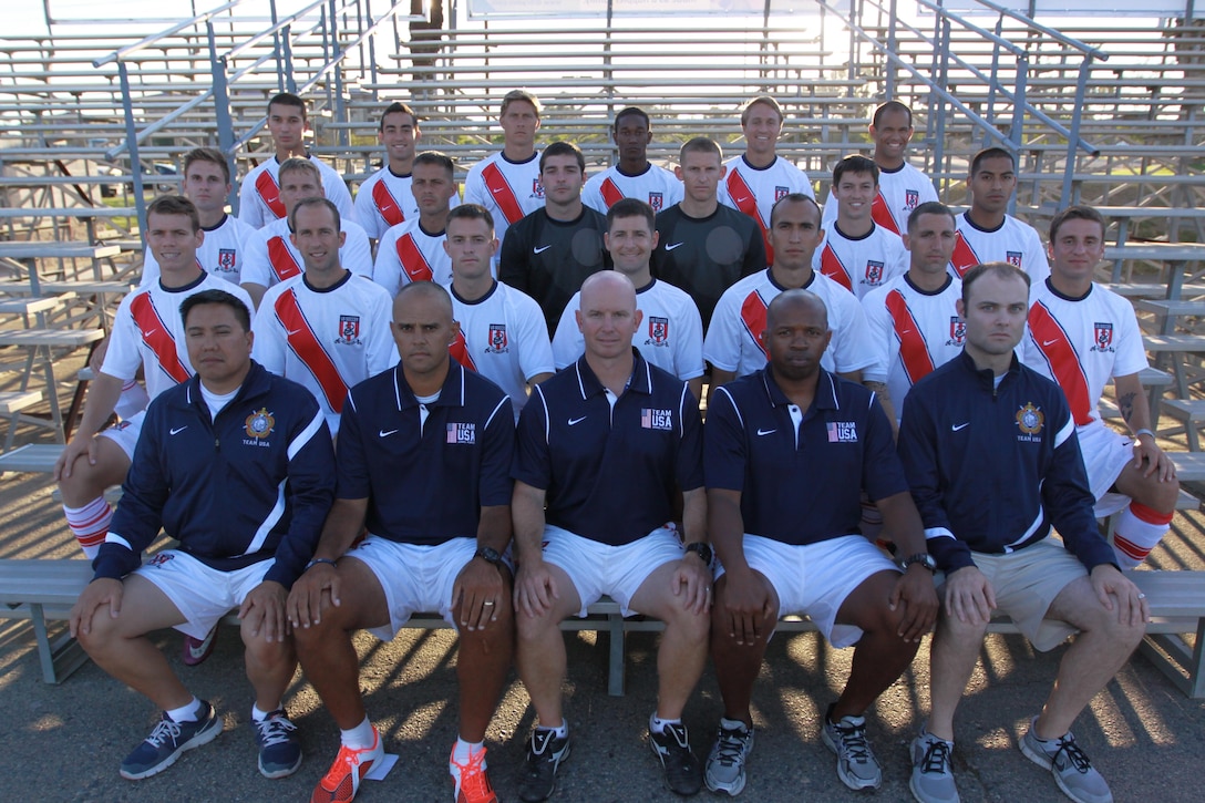 Soccer Fans: Your 2013 U.S. Armed Forces Soccer Team that will compete in the 1st CISM World Military Trophy in Baku, Azerbaijan 30 June to 16 July. 

Top Row:
Capt Jason Belvill - USAF
ENS Andrew McKenzie - Navy
SO2 Ian Schinelli - Navy
SSgt Winston Jackson - USAF
A1C Todd Skelton - USAF
SPC John Dutton - Army

Third Row:
2d Lt Kevin Durr - USAF
LT Michael Tuddenham – Navy
Sgt Felipe Magallon - USMC
2d Lt Matt Underwood – USAF
1stLt John Moore - USMC
1st Lt Richard Nova - USAF
HM1 Eric Campos - Navy

Second Row:
1st Lt Kevin Rosser - USAF
Capt David Schill- USAF
1LT Andy Hyres – Army 
Capt Jeremiah Kirschman- USAF
SPC Raul Quinones - Army
SGt Christopher Kruger- Army
A1C Jose Guillan- USAF

Bottom Row:
TSgt Gilbert Gutierrez- USAF - Trainer
CPT Roye Locklear – Army – Assistant Coach
Lt Col Derrick Weyand- USAF – Head Coach
CWO3 Kevin Pierre- USMC – Assistant Coach 
Mr. Arron Bachert – USMC – Athletic Trainer

Not Pictured:
CDR Steven Wilson – Navy – Chief of Mission
Capt Justine Whipple – USMC – Team Captain