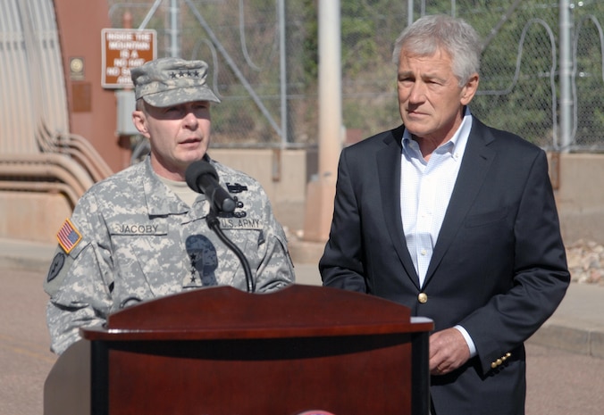 CHEYENNE MOUNTAIN AIR FORCE STATION, Colo. - Army Gen. Charles H. Jacoby, Jr., NORAD and USNORTHCOM commander, introduces Secretary of Defense Chuck Hagel at a media event at Cheyenne Mountain AFS, June 28. Hagel spoke to local and national media about his visit to Colorado Springs, efforts to address suicides in the service, sequester and sexual assault prevention. It was Hagel's first trip to Colorado Springs since he was appointed secretary of defense in February. (U.S. Air Force photo by Tech. Sgt. Thomas J. Doscher)
