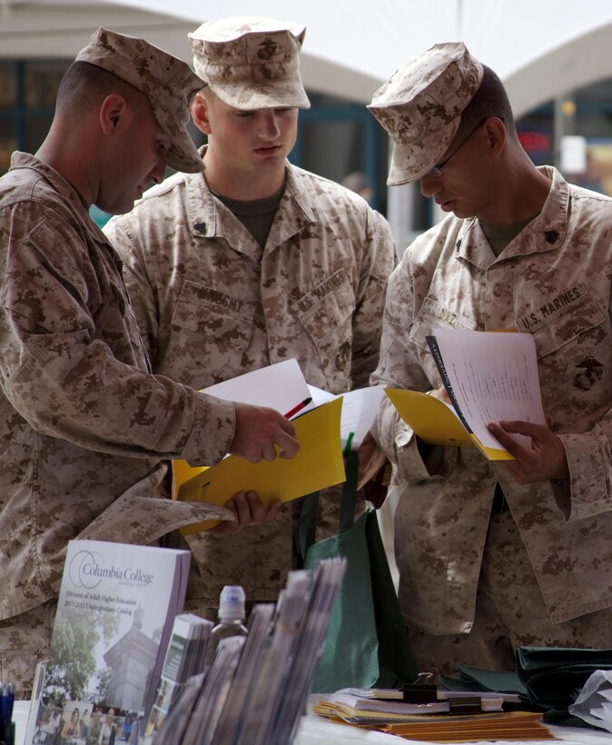Marines attending the Health, Wellness and Fitness Fair at Mokapu Mall look over forms at an educational instutition’s booth, June 26, 2013. More than 30 nonprofit and corporate sponsors set up booths at the event. (U.S. Marine Corps photo by Lance Cpl. Janelle Y. Chapman)