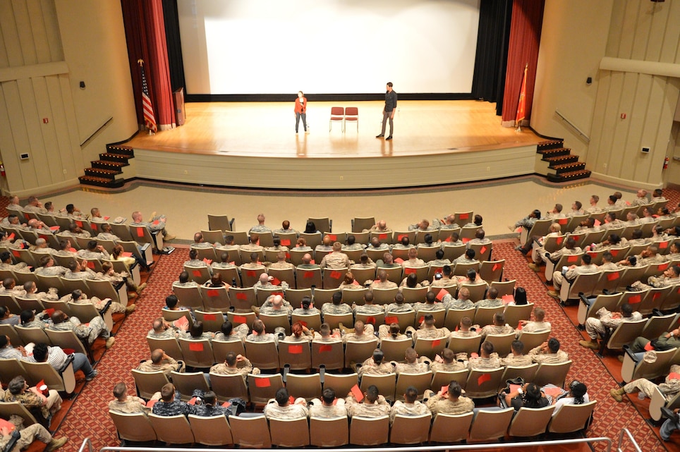 More Than 100 service members attended Sex Signals, a skit-based sexual assault prevention training, at Little Hall’s auditorium June 26, 2013. The production explored how social pressures and false preconceptions play a hand in the tensions of dating.