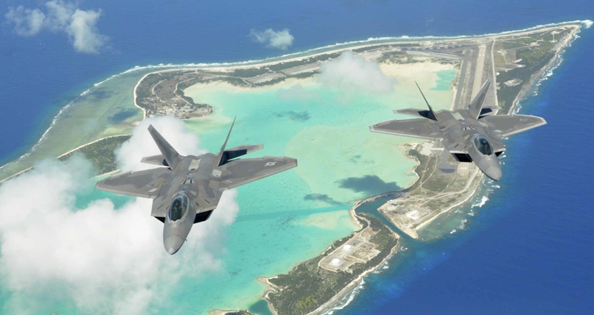 Two F-22 Raptors fly over Wake Island as part of a rapid deployment June 21, 2013.  Twenty-nine members from the Air National Guard and active duty Air Force from Joint Base Pearl Harbor-Hickam teamed up to perform the deployment, conducted a site-survey for future contingency operations, and performed emergency response training with local contractors. (U.S. Air Force photo/Master Sgt. Connie Reed)