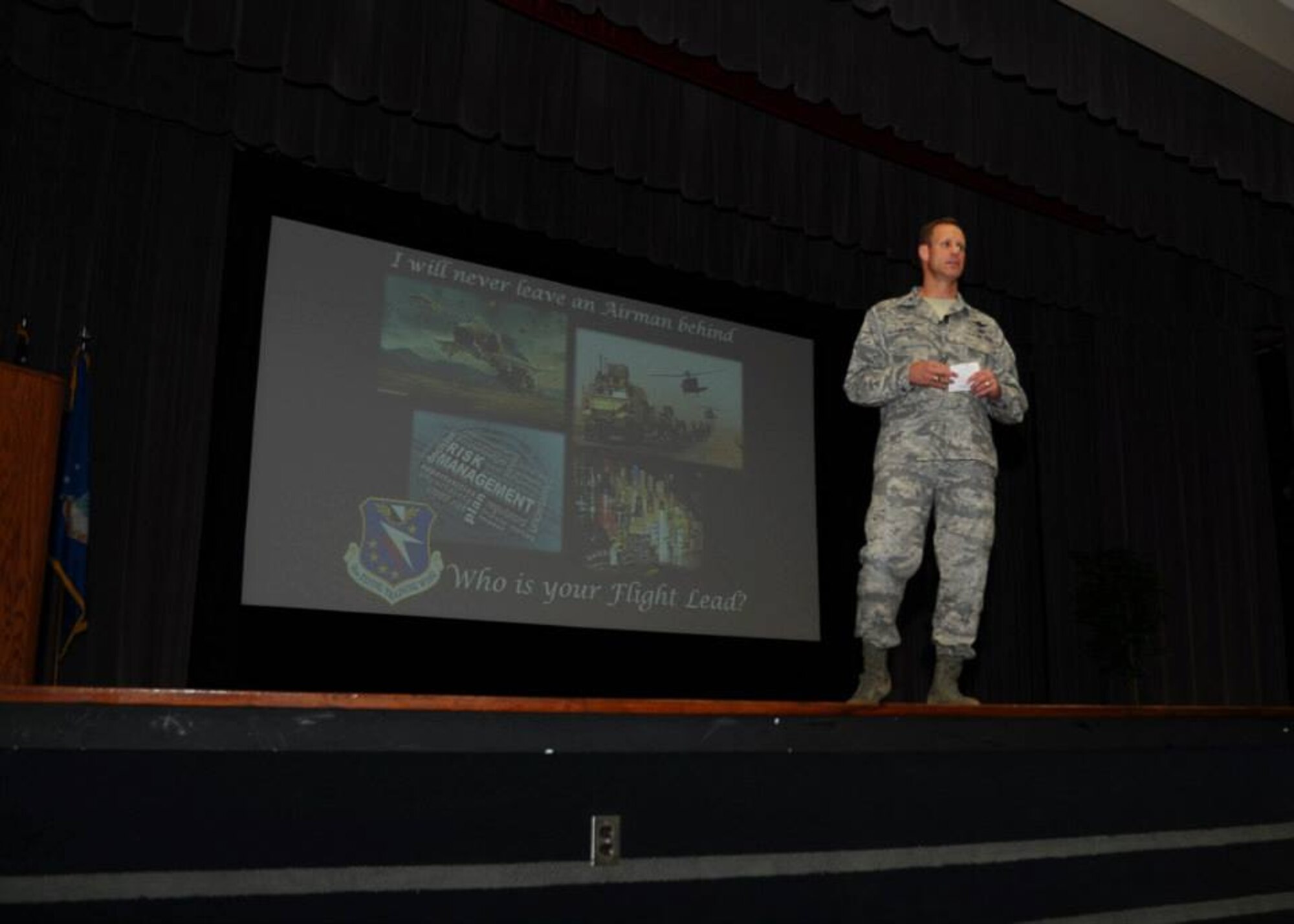 Col. Jim Sears, 14th Flying Training Wing Commander, and Chief Master Sgt. Vance Kondon, 14th Flying Training Wing Command Chief, held four All Call meetings to address Sexual Assault Prevention June 20 at the Kaye Auditorium. The Commander stressed the importance of having a “Flight Lead”, or someone who is responsible for the care and well-being of Airmen, when alcohol is involved.