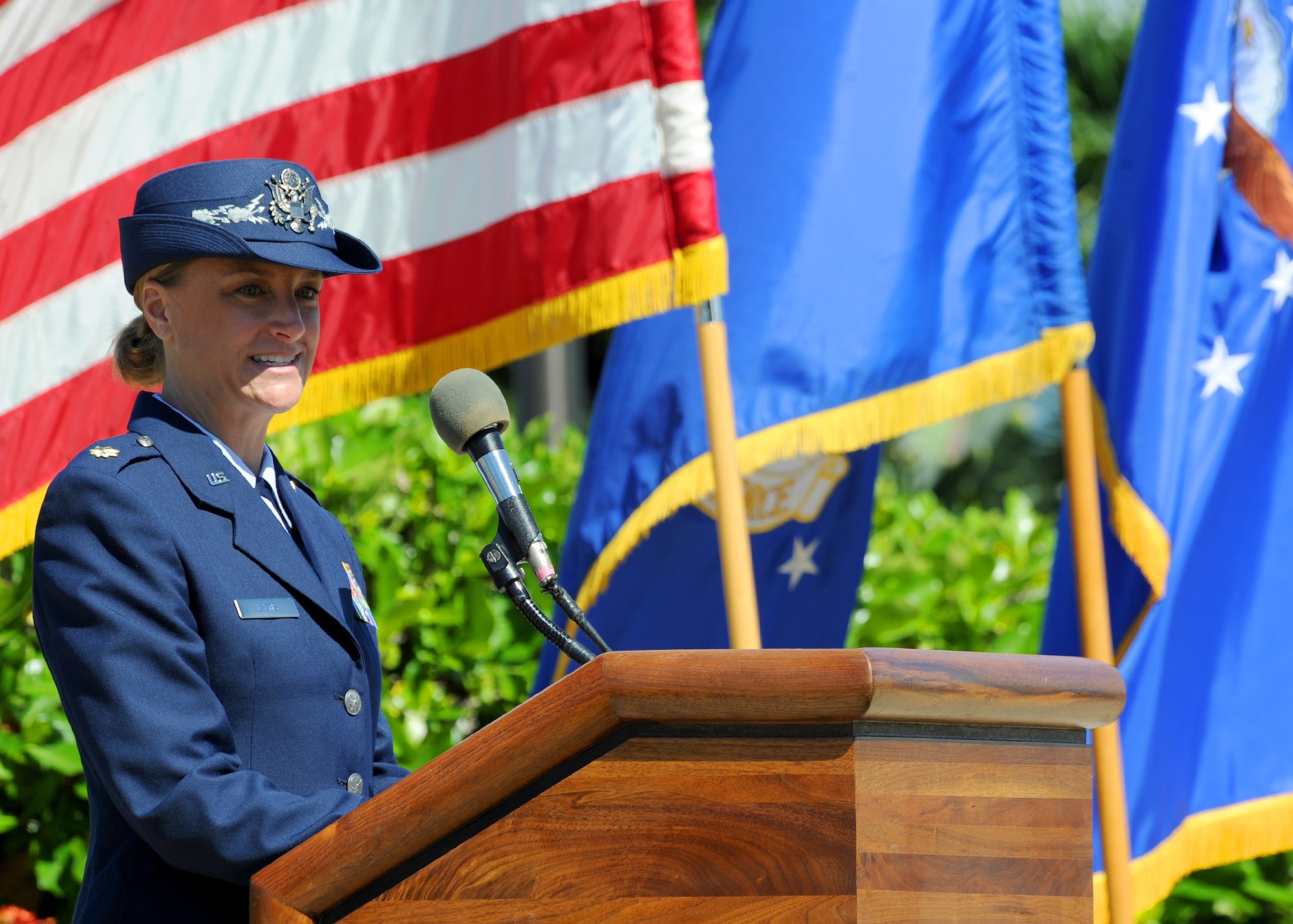 Maj. Amanda B. Evans, incoming 15th Comptroller Squadron commander, addresses the crowd during a ceremony held at the Missing Man Formation on Joint Base Pearl Harbor-Hickam, Hawaii, June 27, 2013. Evans comes to the 15 CPTS from the 628th Comptroller Squadron, 628th Air Base Wing, Joint Base Charleston, South Carolina, where she served as an individual mobilization augmentee (IMA) Comptroller. (U.S. Air Force photo/Tech. Sgt. Jerome S. Tayborn)