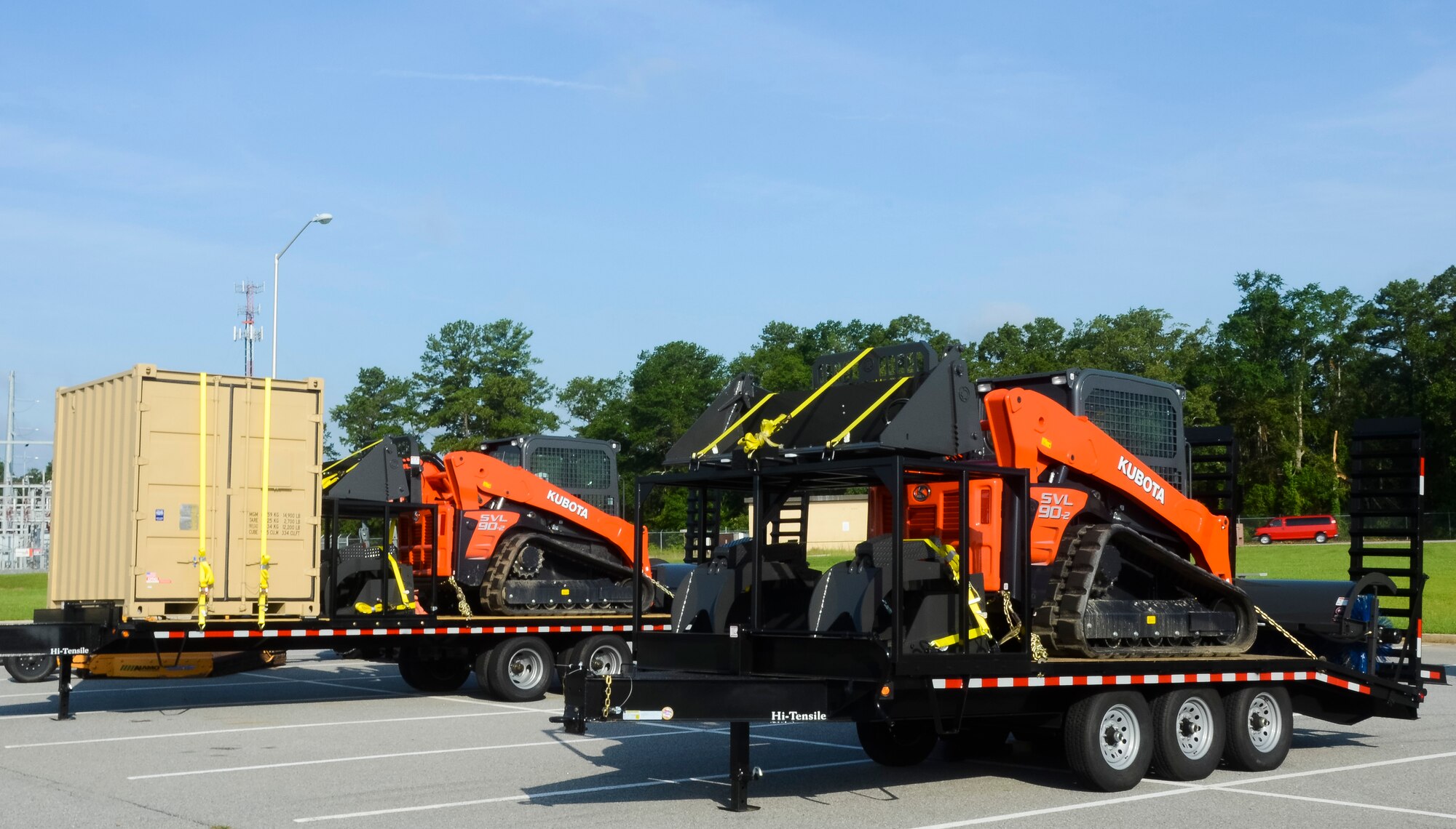Two route clearance kits assigned to the 116th Civil Engineer Squadron, Georgia Air National Guard, arrive for service at Robins Air Force Base, Ga., June 27, 2013.  The civil engineering arm of the 116th Air Control Wing will use the kits, consisting of multi-purpose Kubota tractors, when called upon to quickly respond to disasters in their region.  The equipment gives the unit the capability to clear debris in the area of a disaster so emergency operations personnel can respond. (U.S. Air National Guard photo by Capt. Pamela Stauffer/Released)