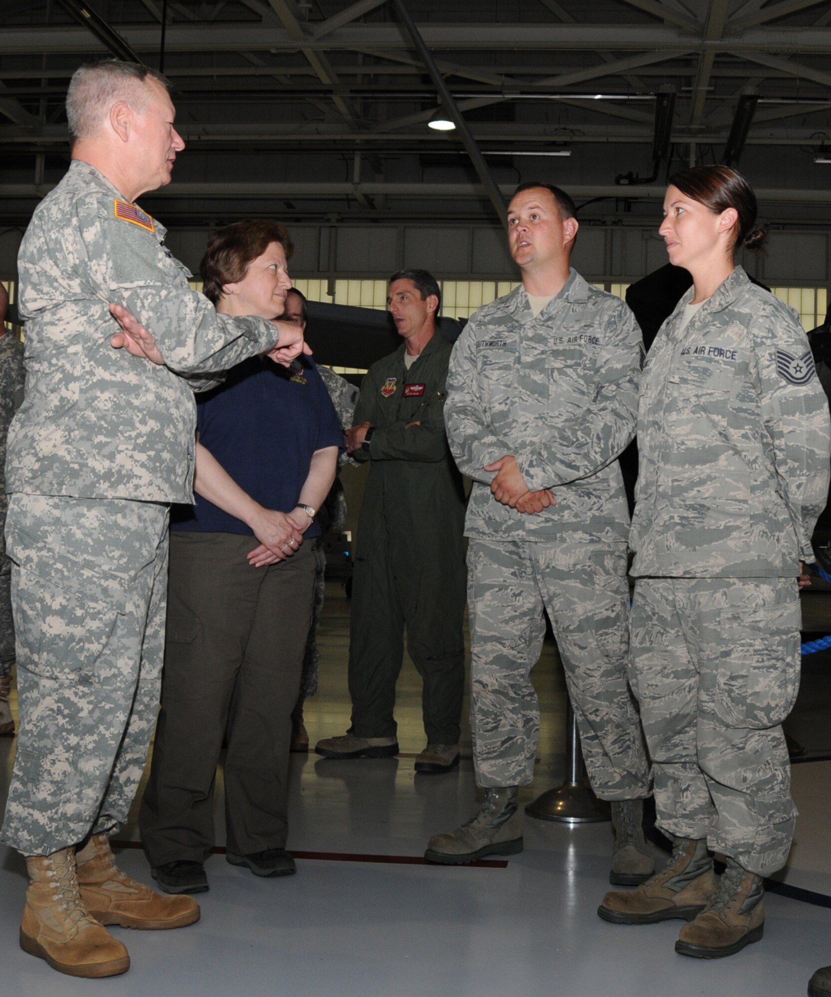 U.S. Army Gen. Frank J. Grass, the chief of the National Guard Bureau, visited Airmen from the 192nd Fighter Wing at Joint Base Langley-Eustis June 15, 2013. During his visit, he met with aircraft maintenance crew chiefs who answered his questions about their jobs and the F-22 Raptor. (U.S. Air National Guard photo by Master Sgt. Carlos J. Claudio/Released)
