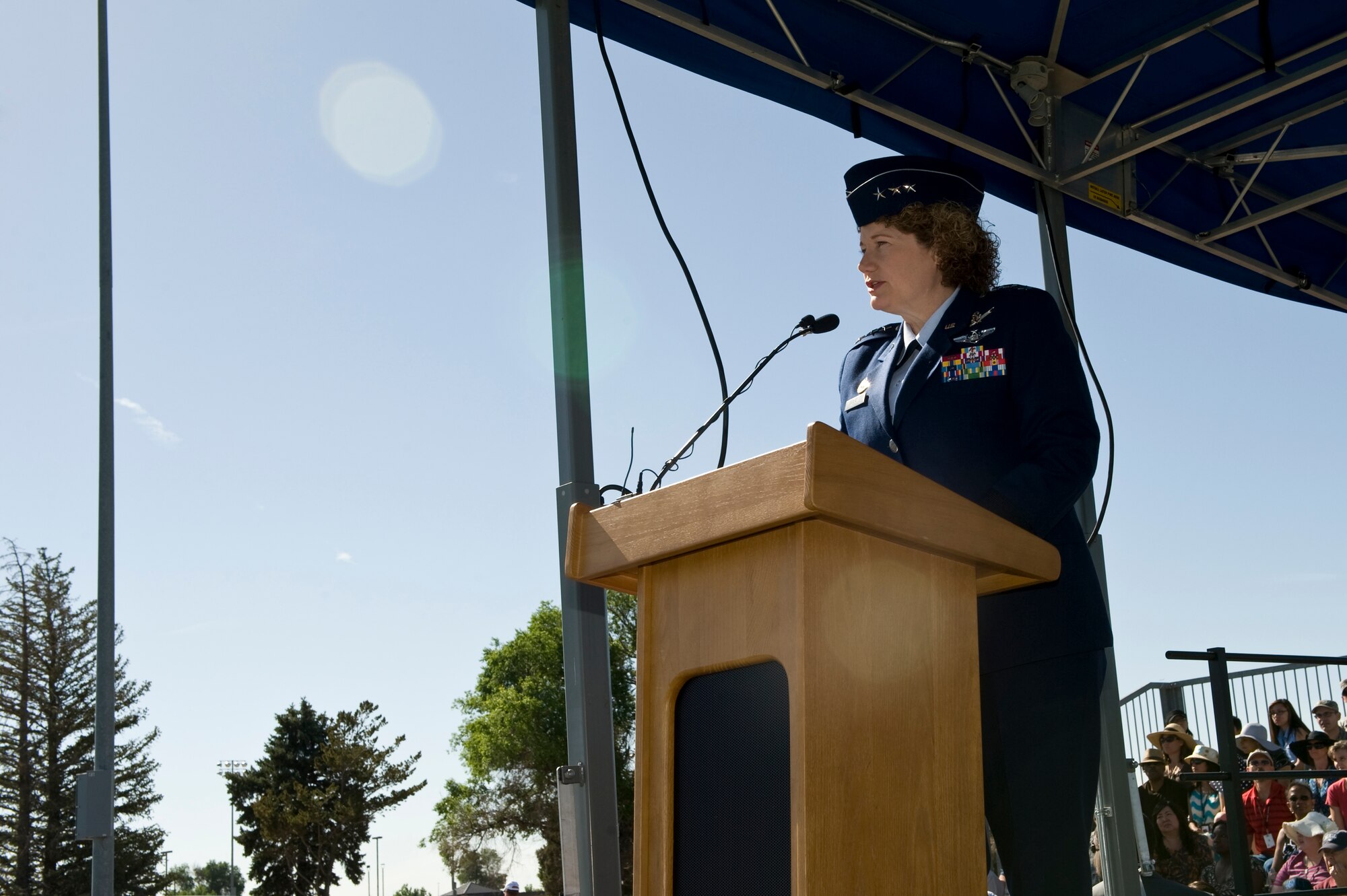 Lt. Gen. Susan J. Helms, 14th Air Force commander, addresses members of the 460th Space Wing June 28, 2013, during the 460th SW change of command ceremony on Buckley Air Force Base, Colo. (U.S. Air Force photo by Senior Airman Phillip Houk/Released)