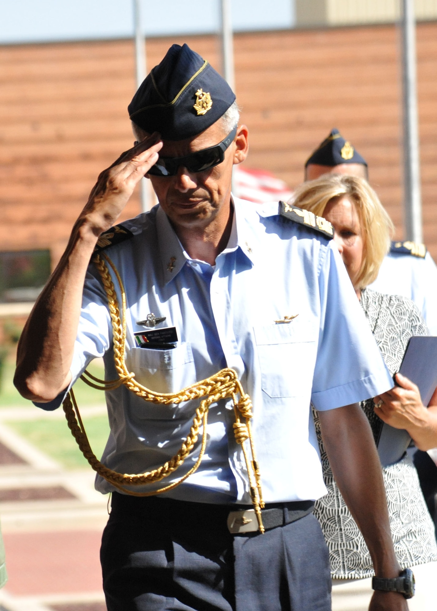 Italian Air Force Maj. Gen. Giovanni Fantuzzi tours the 80th Flying Training Wing during his visit to Sheppard AFB June 27. During his visit, Fantuzzi emphasized the importance of the coalition training carried out at the Euro-NATO Joint Jet Pilot Training Program.  (U.A. Air Force photo/2nd Lt. Meredith Hein)