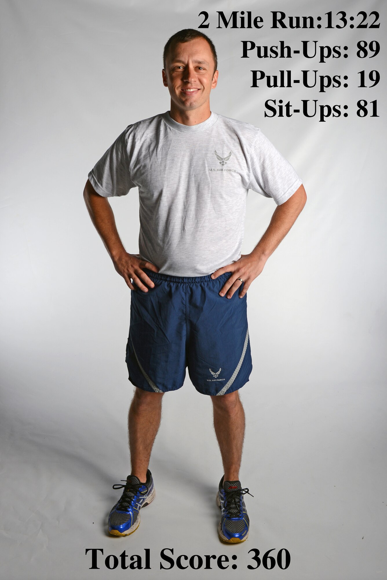 Capt. Richard Sandwick, 2nd Operations Group, poses for a photo on Barksdale Air Force Base, La., June 25, 2013. Sandwick was the third aviator to successfully complete the 2nd Bomb Wing's Iron Airman Challenge. All Airmen can attempt to complete the challenge. If successful, their name will be added to the Iron Airman Board and they will receive a free T-shirt. (U.S. Air Force illustration/Senior Airman Micaiah Anthony)